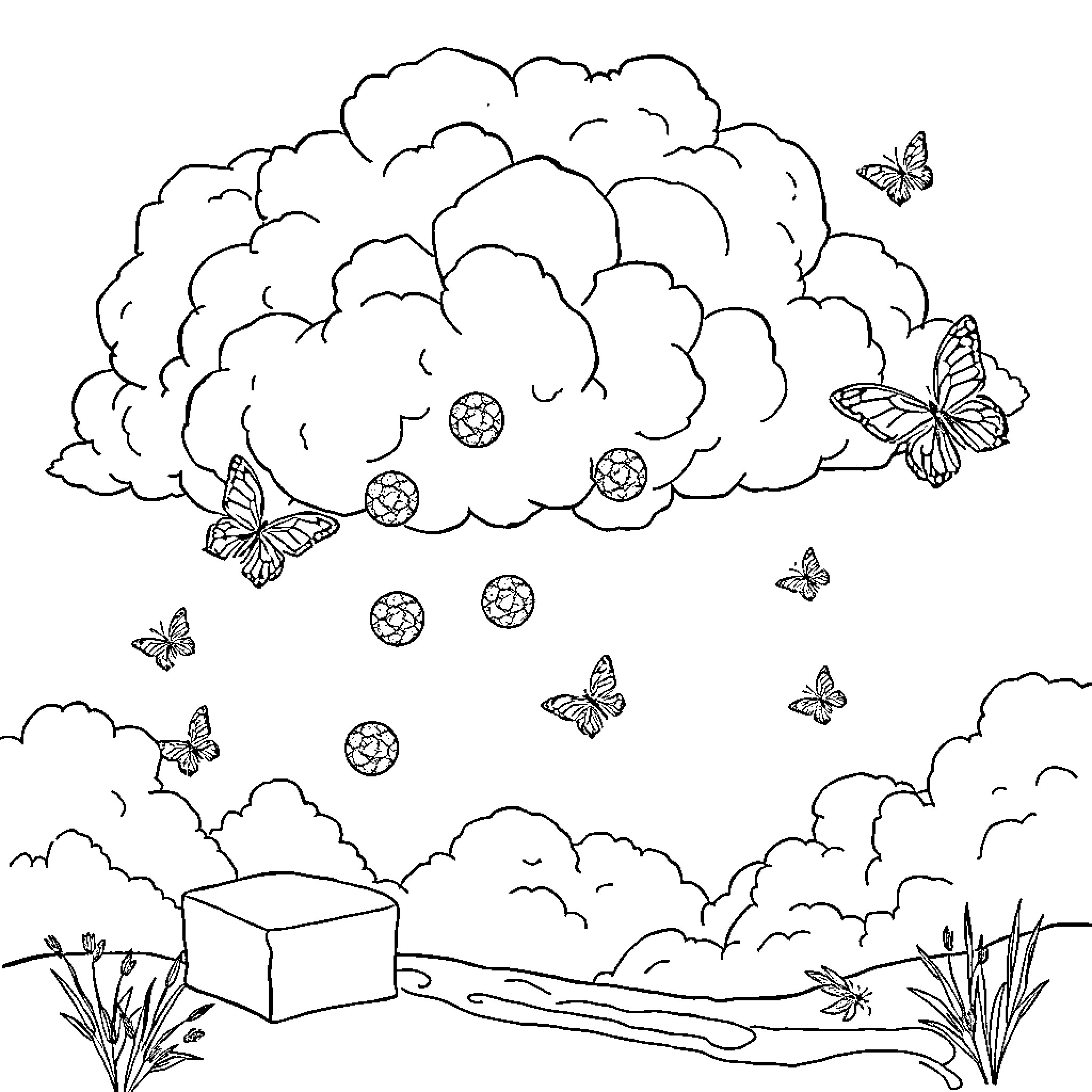 Butterfly flowers blooming in cloudy sky Coloring Page (free black-and-white line drawing printable PDF for all, from beginners to advanced learners, including children, teens, adults, and seniors)