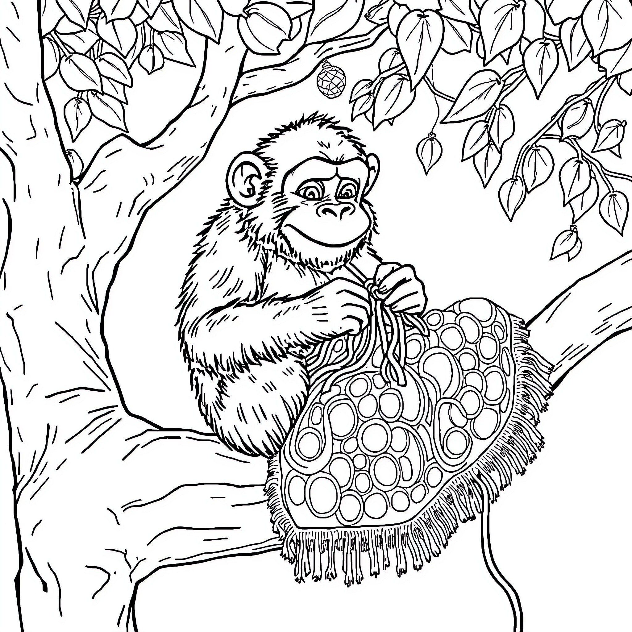 Monkey sitting on a tree branch with a patterned blanket Coloring Page (free black-and-white line drawing printable PDF for all, from beginners to advanced learners, including children, teens, adults, and seniors)