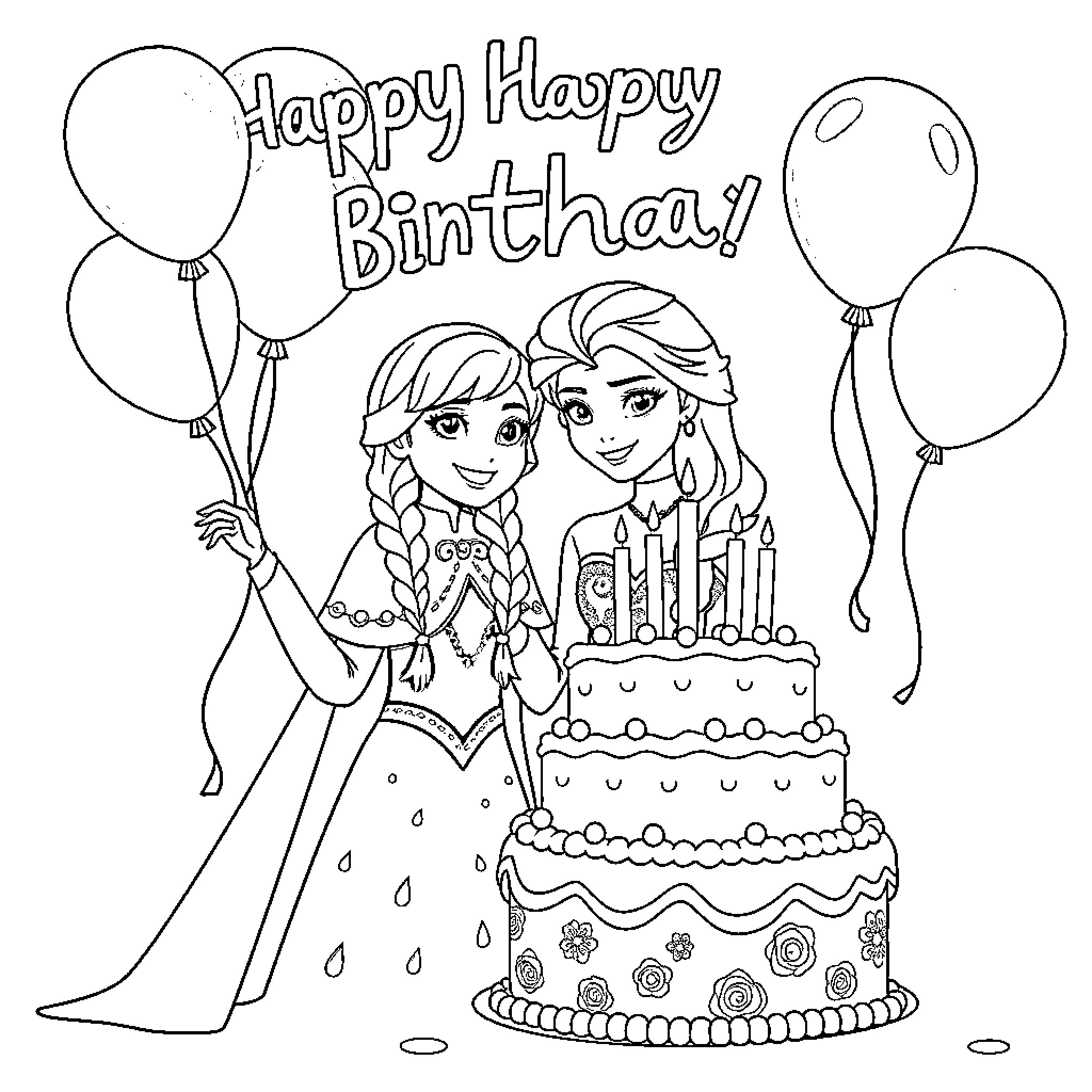 Anna and Elsa Celebrating a Happy Birthday Coloring Page (free black-and-white line drawing printable PDF for all, from beginners to advanced learners, including children, teens, adults, and seniors)