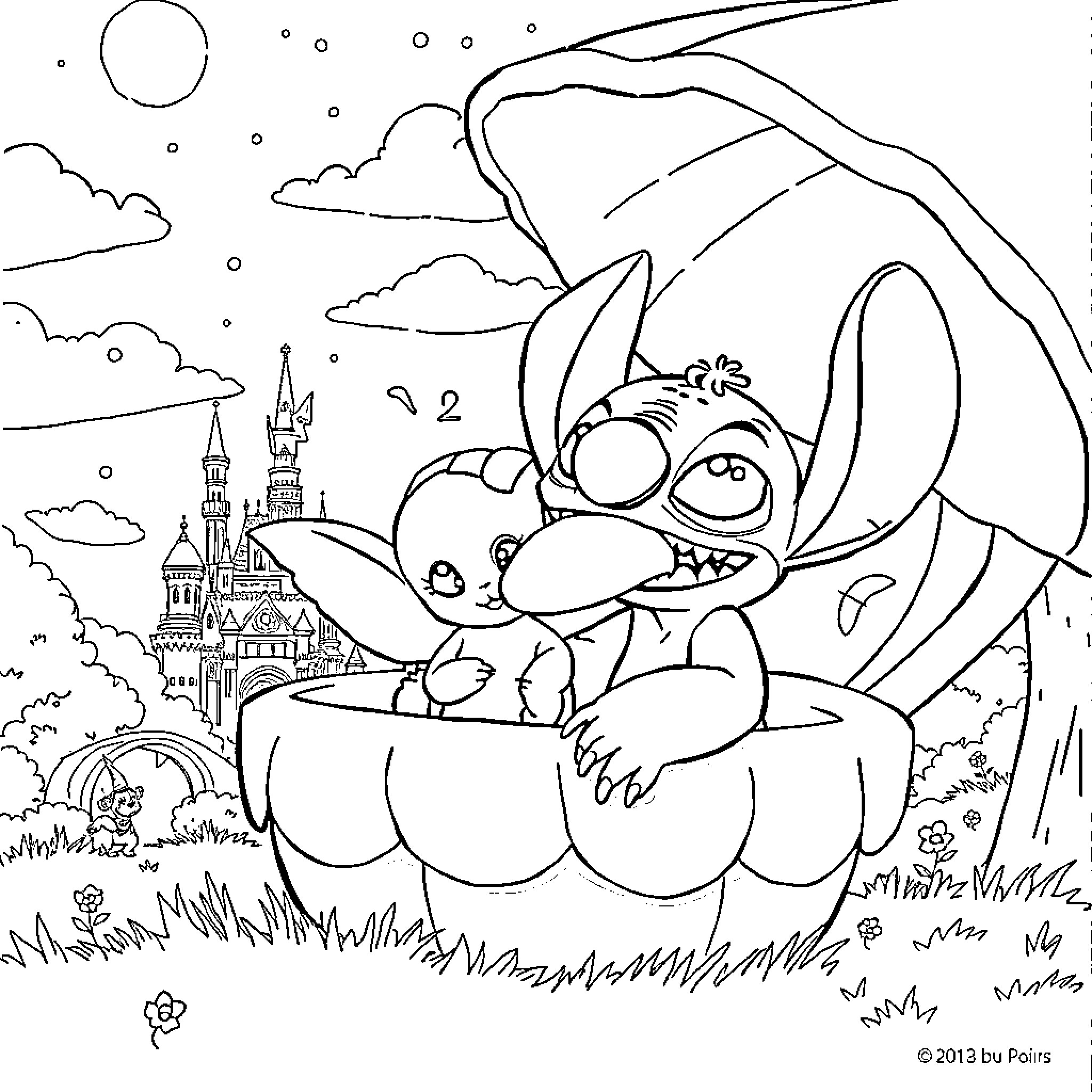 Stitch snuggling in a flower field with castle Coloring Page (free black-and-white line drawing printable PDF for all, from beginners to advanced learners, including children, teens, adults, and seniors)
