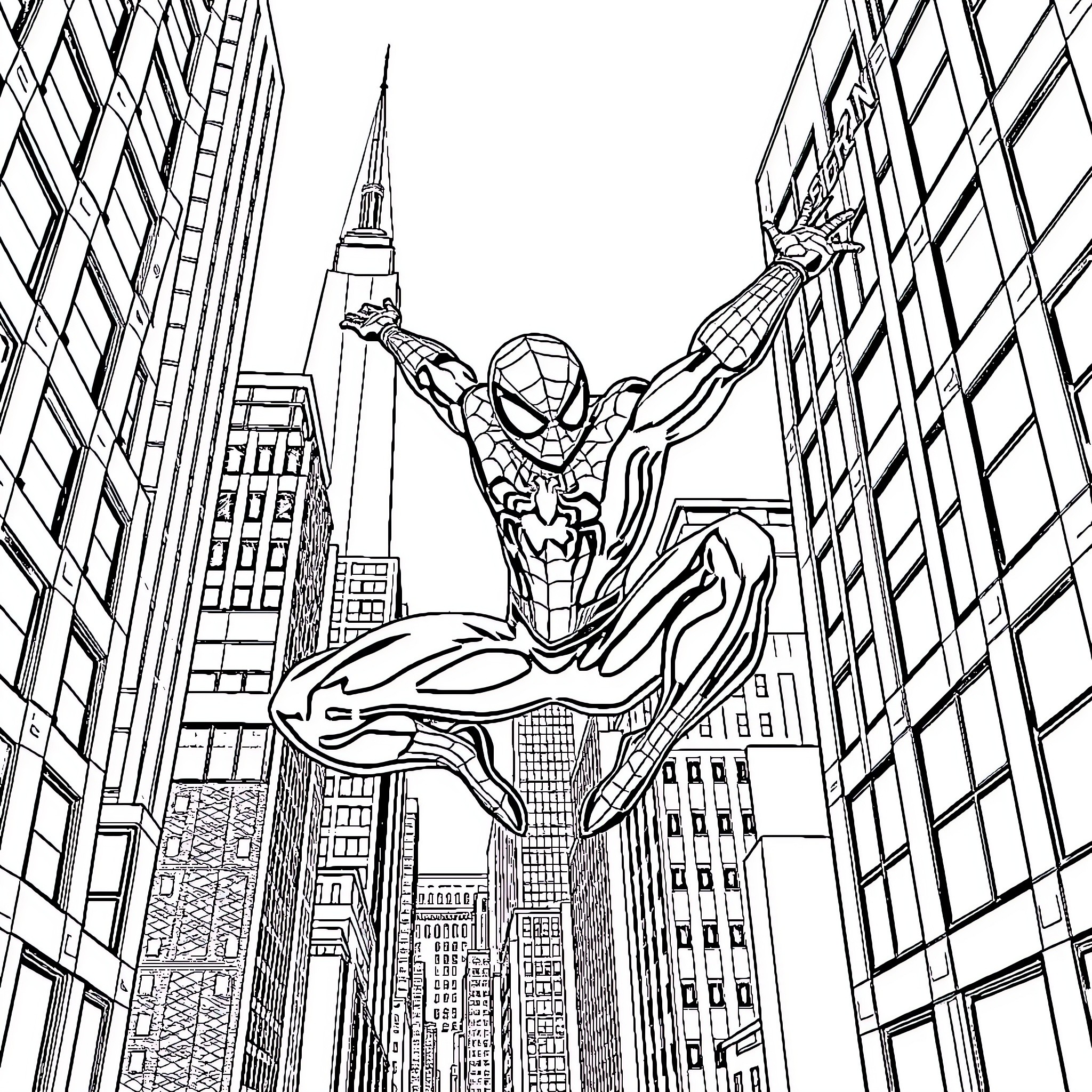 Spider-Man swinging through the city skyscrapers Coloring Page (free black-and-white line drawing printable PDF for all, from beginners to advanced learners, including children, teens, adults, and seniors)