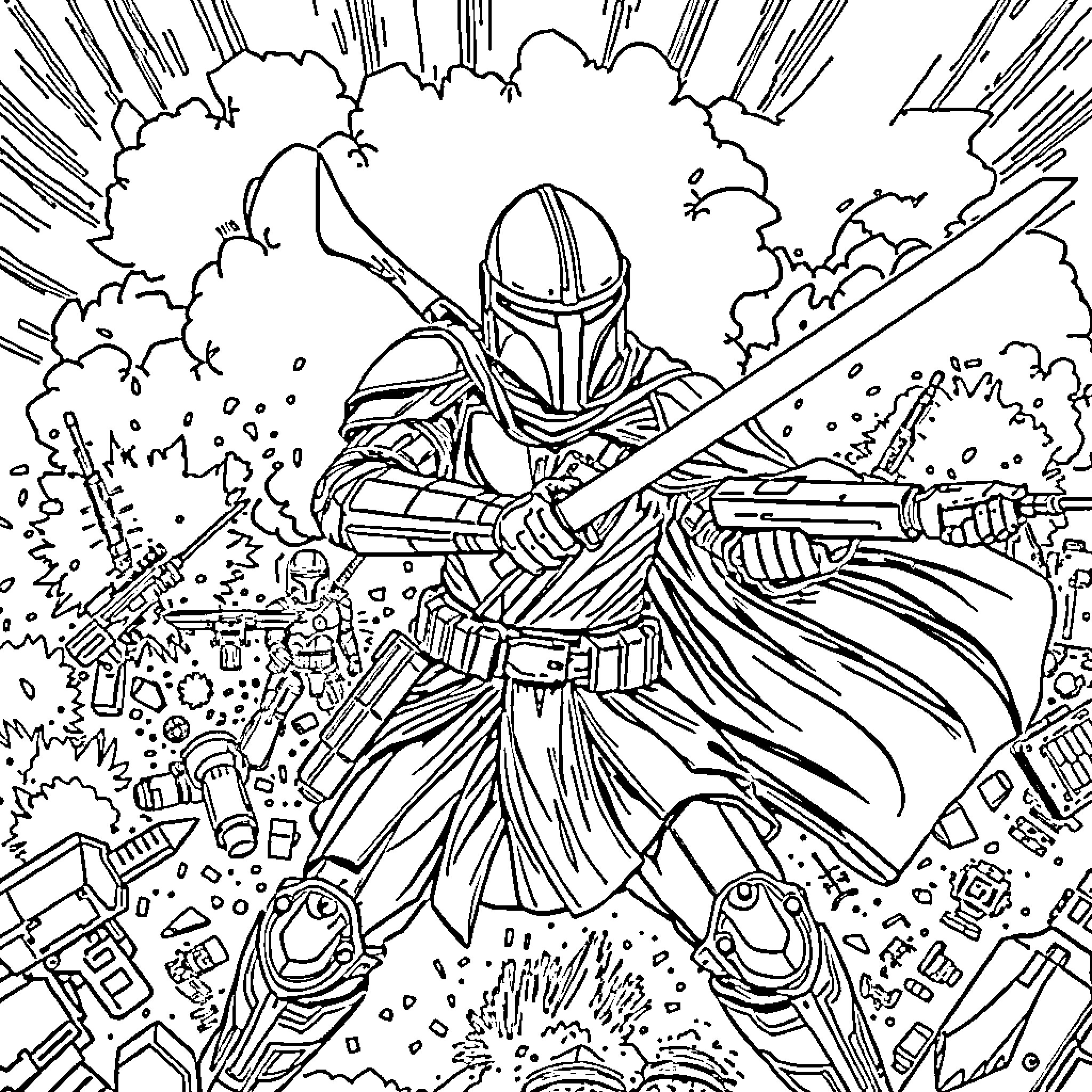 Mandalorian warrior in action-packed battle scene Coloring Page (free black-and-white line drawing printable PDF for all, from beginners to advanced learners, including children, teens, adults, and seniors)