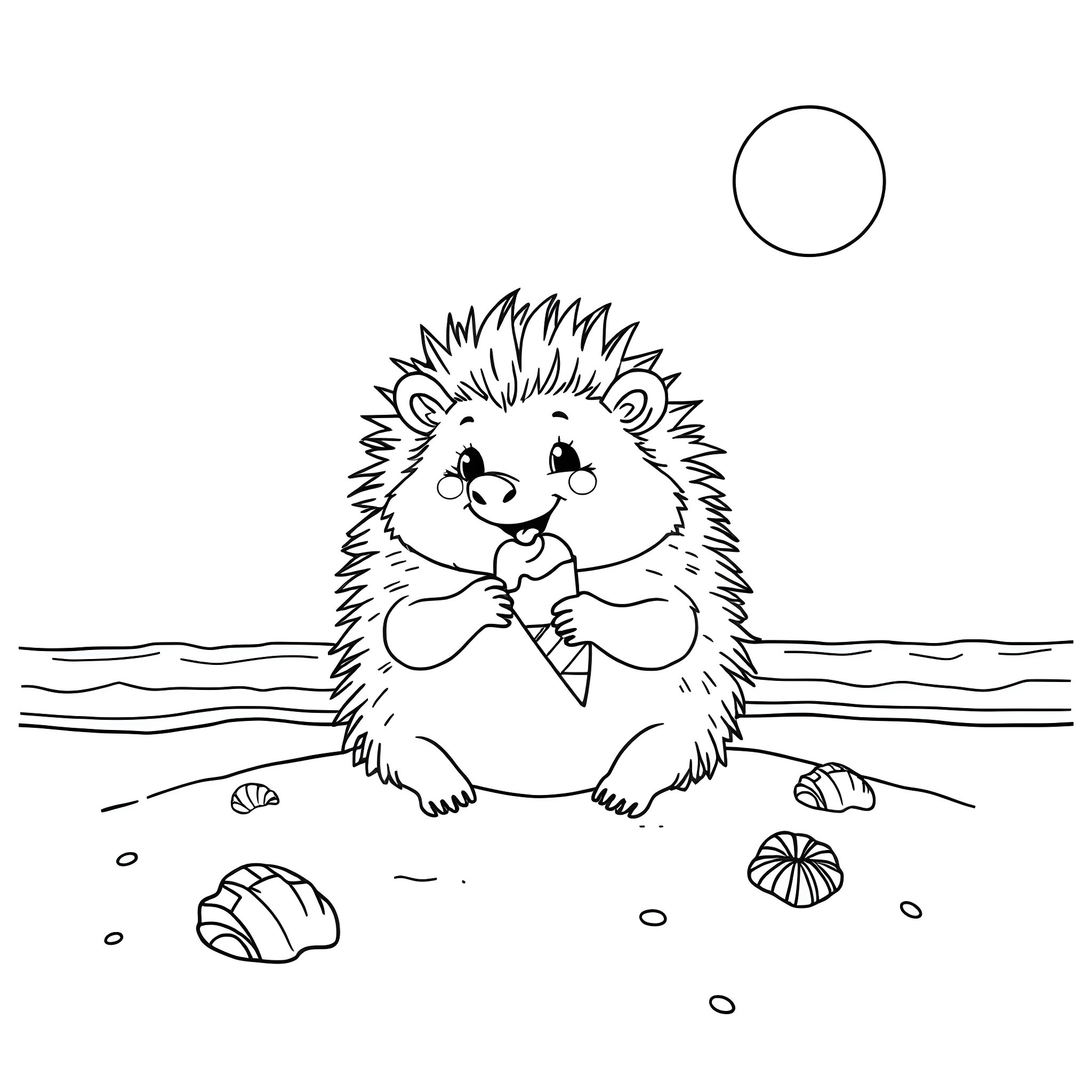 Hedgehog enjoying a snack on the beach Coloring Page (free black-and-white line drawing printable PDF for all, from beginners to advanced learners, including children, teens, adults, and seniors)
