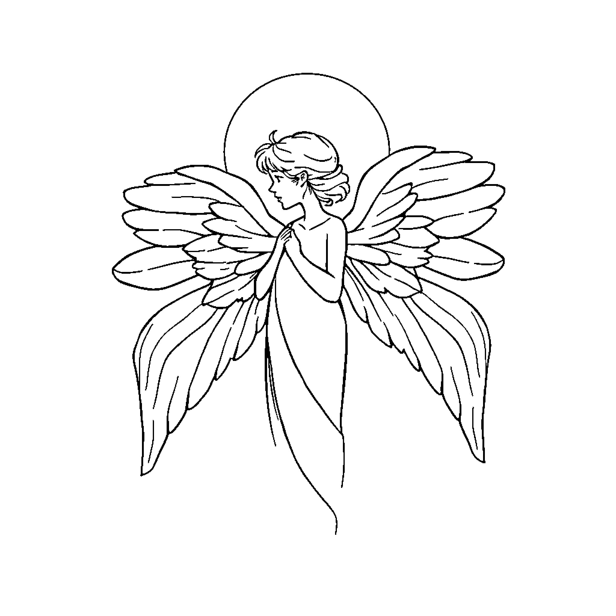 Angel flying gracefully with outstretched wings Coloring Page (free black-and-white line drawing printable PDF for all, from beginners to advanced learners, including children, teens, adults, and seniors)