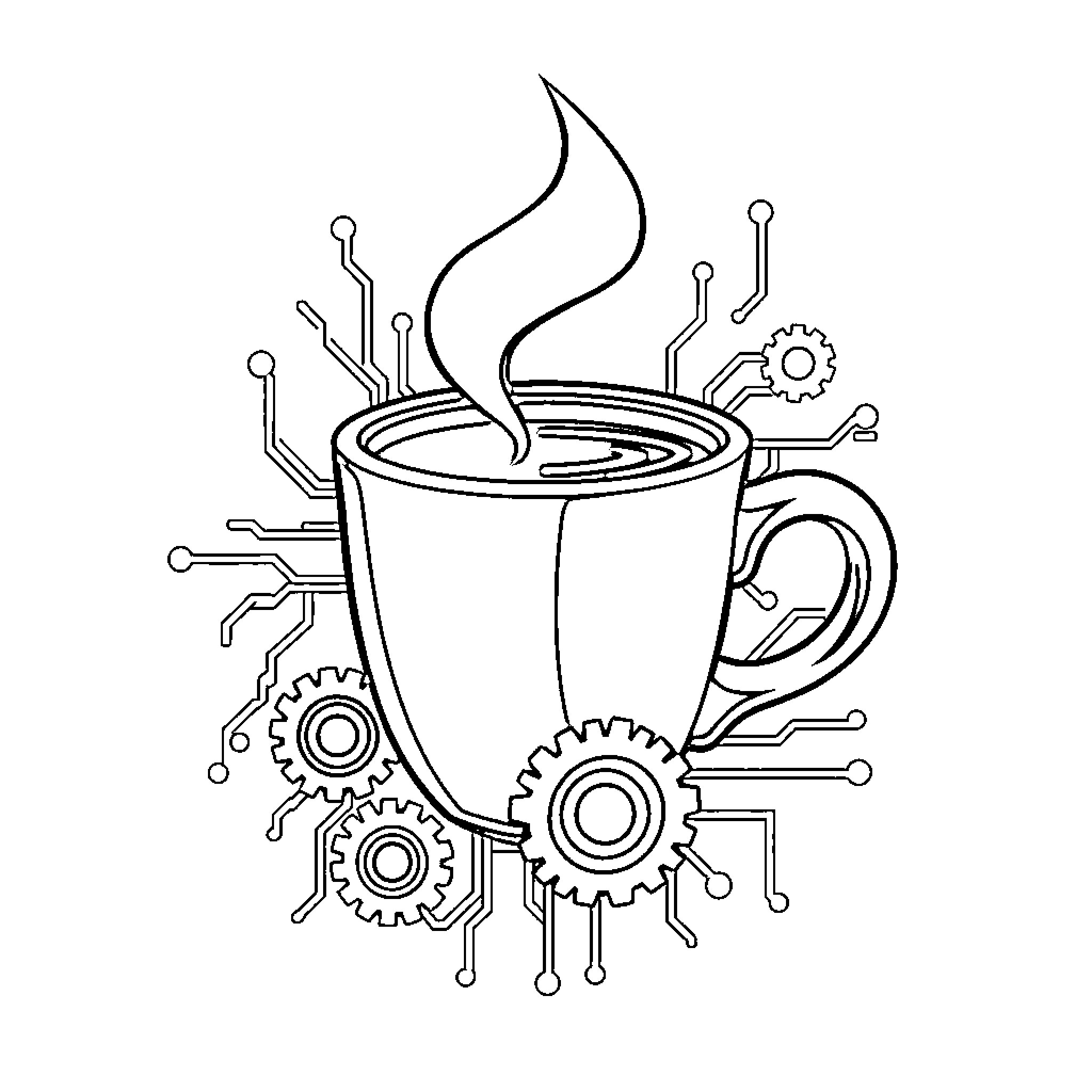 Coffee Powered by Gears and Circuits Coloring Page (free black-and-white line drawing printable PDF for all, from beginners to advanced learners, including children, teens, adults, and seniors)