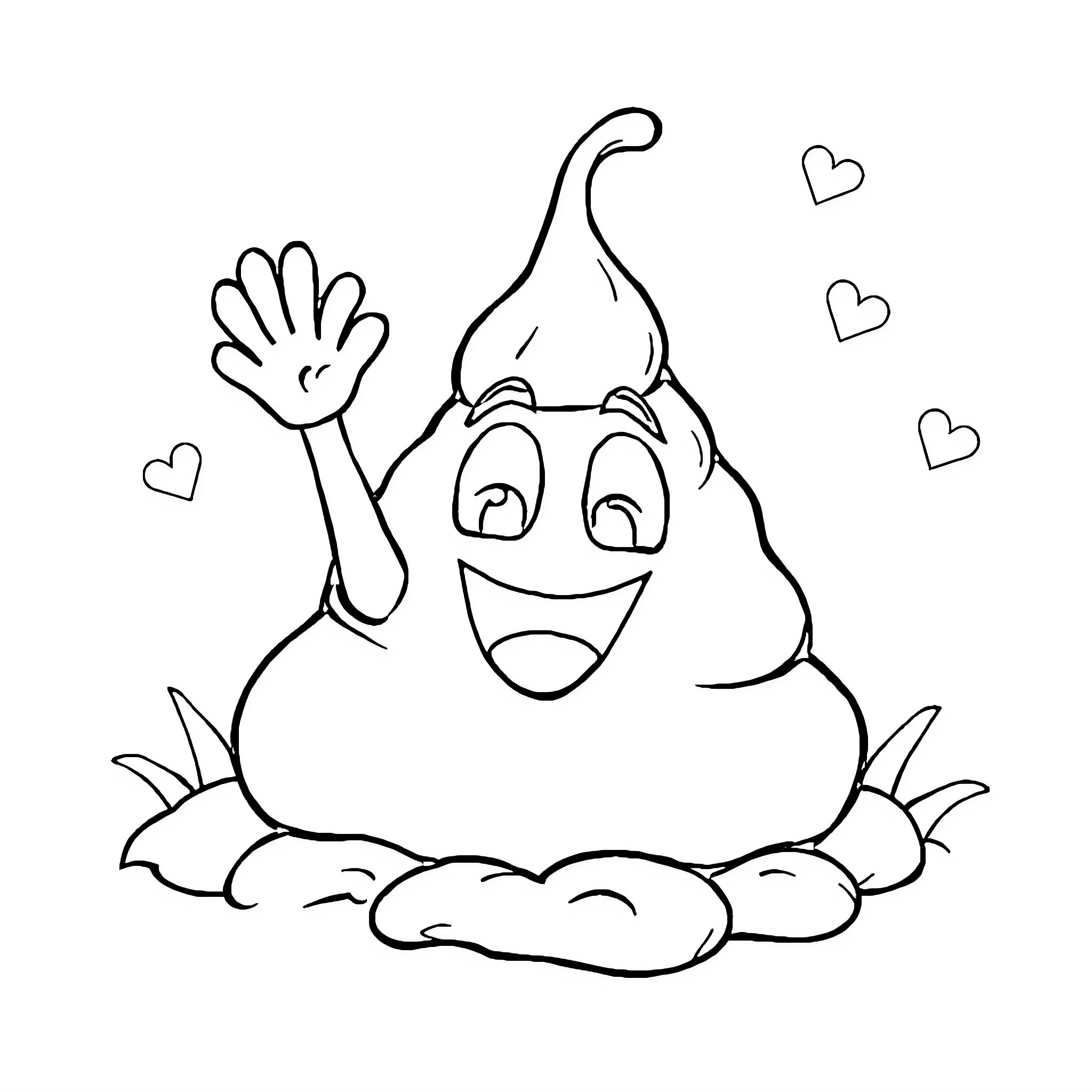 Caca character waving and smiling in clouds Coloring Page (free black-and-white line drawing printable PDF for all, from beginners to advanced learners, including children, teens, adults, and seniors)