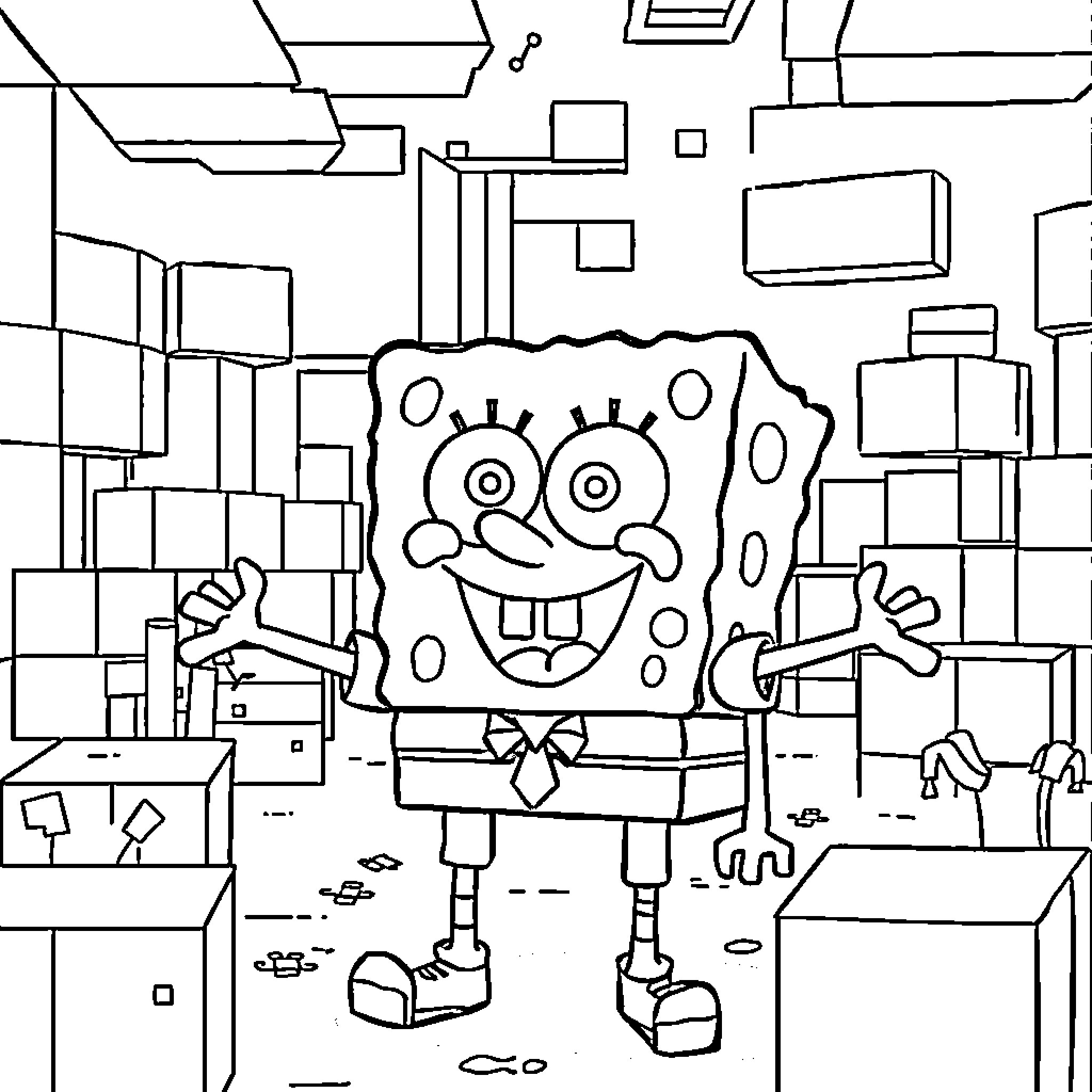 Spongebob Cheerfully Exploring a Cartoon Cityscape Coloring Page (free black-and-white line drawing printable PDF for all, from beginners to advanced learners, including children, teens, adults, and seniors)