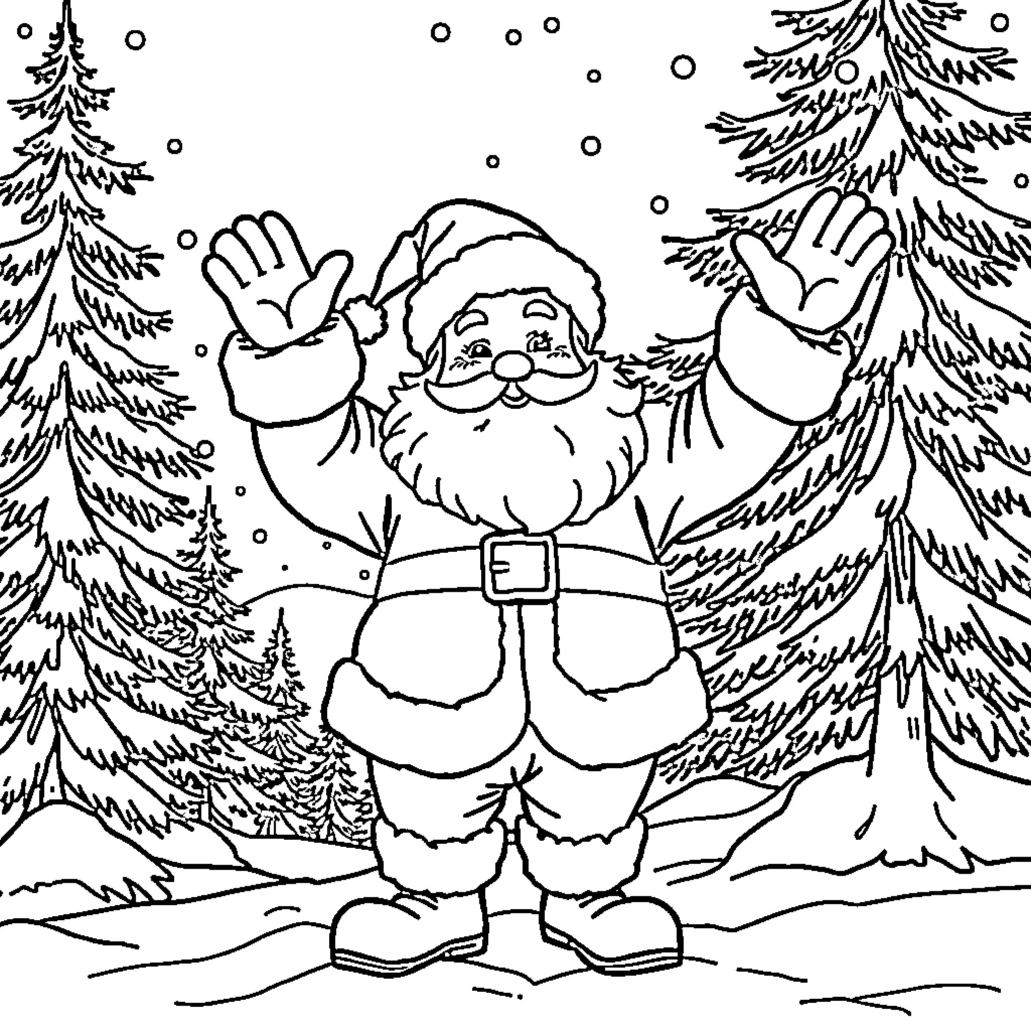 Santa waving happily in a winter wonderland Coloring Page (free black-and-white line drawing printable PDF for all, from beginners to advanced learners, including children, teens, adults, and seniors)