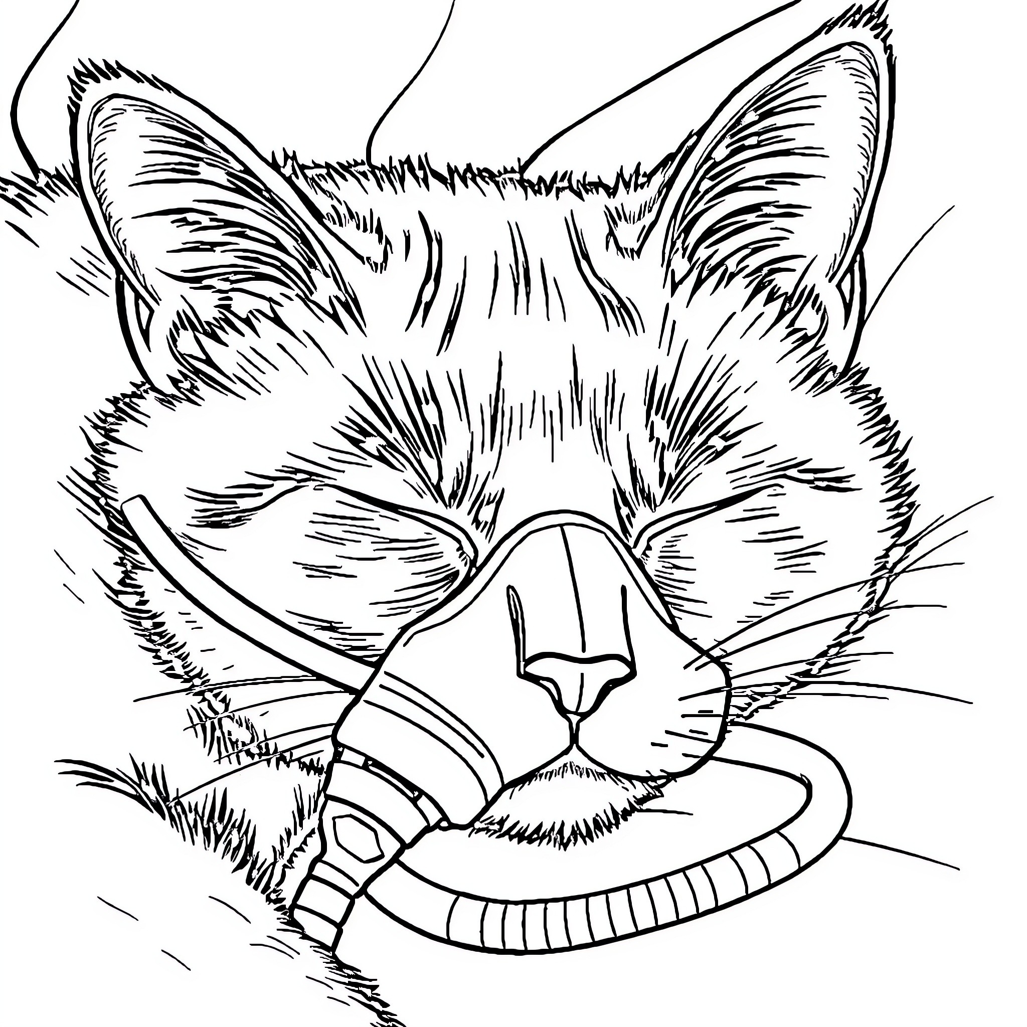 Cat Sleeping Peacefully with Breathing Mask Coloring Page (free black-and-white line drawing printable PDF for all, from beginners to advanced learners, including children, teens, adults, and seniors)