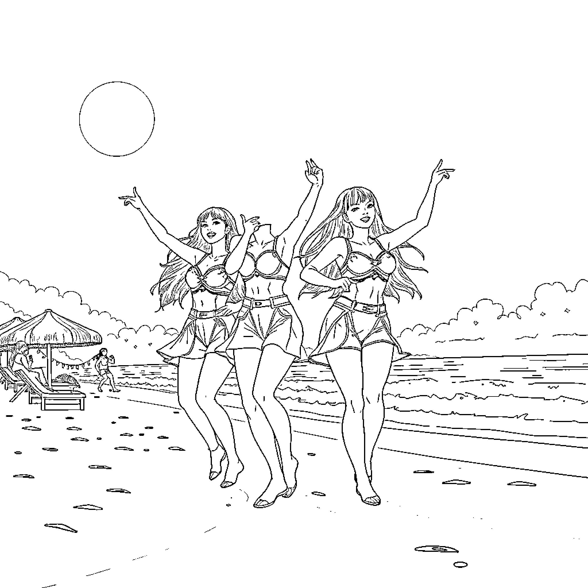 K-Pop Warriors Dancing on the Beach Coloring Page (free black-and-white line drawing printable PDF for all, from beginners to advanced learners, including children, teens, adults, and seniors)