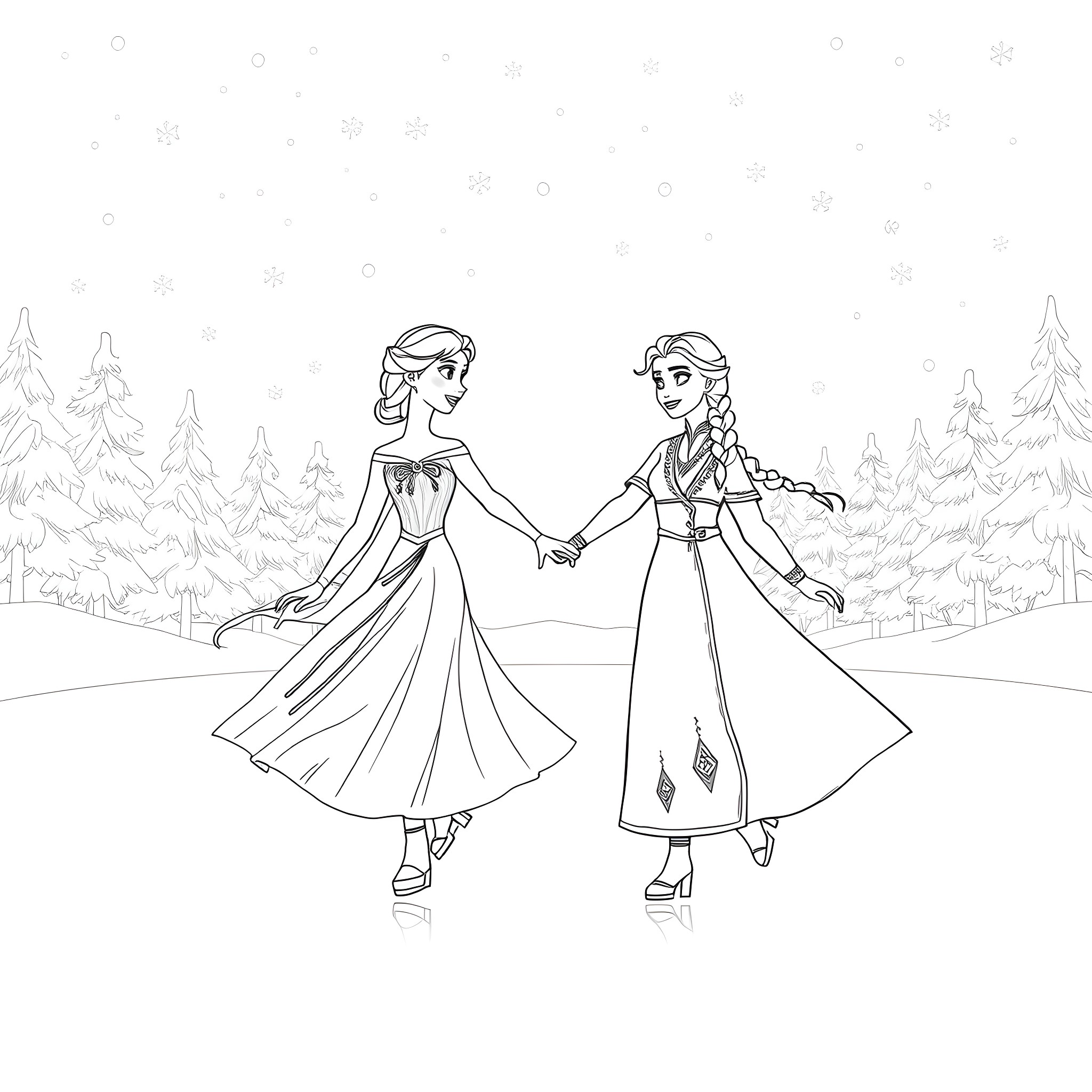 Elsa and Anna holding hands in the winter wonderland Coloring Page (free black-and-white line drawing printable PDF for all, from beginners to advanced learners, including children, teens, adults, and seniors)