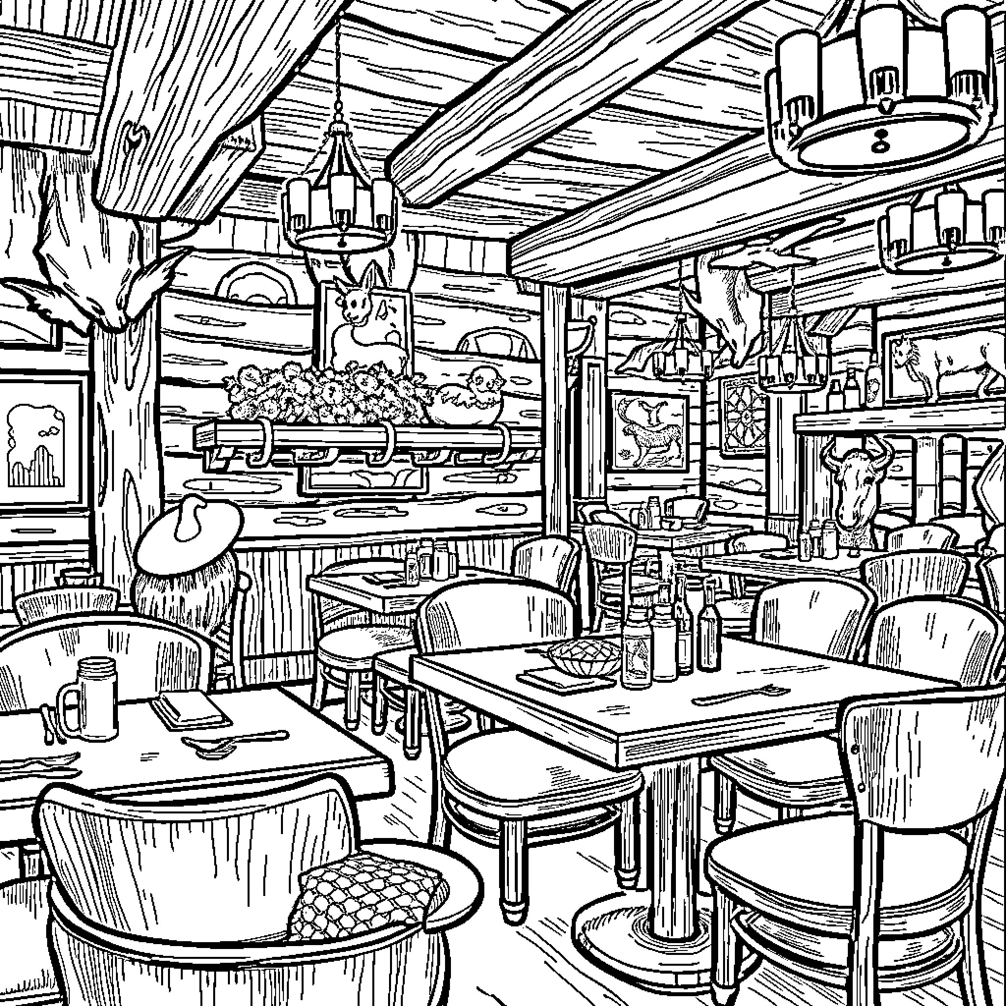 Vegan Rustic Dining Experience in a Cozy Cafe Coloring Page (free black-and-white line drawing printable PDF for all, from beginners to advanced learners, including children, teens, adults, and seniors)