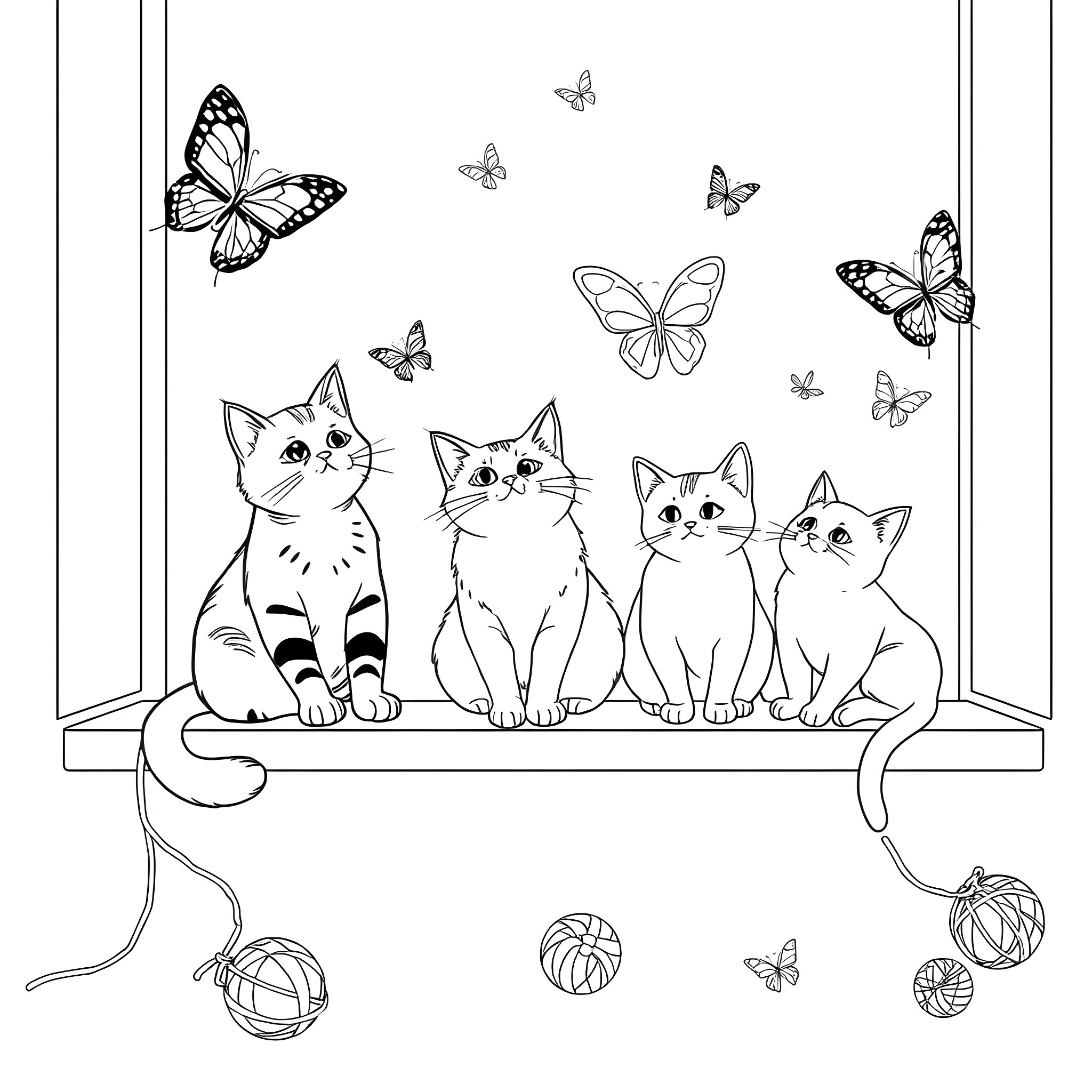 Cats and butterflies in the window Coloring Page (free black-and-white line drawing printable PDF for all, from beginners to advanced learners, including children, teens, adults, and seniors)