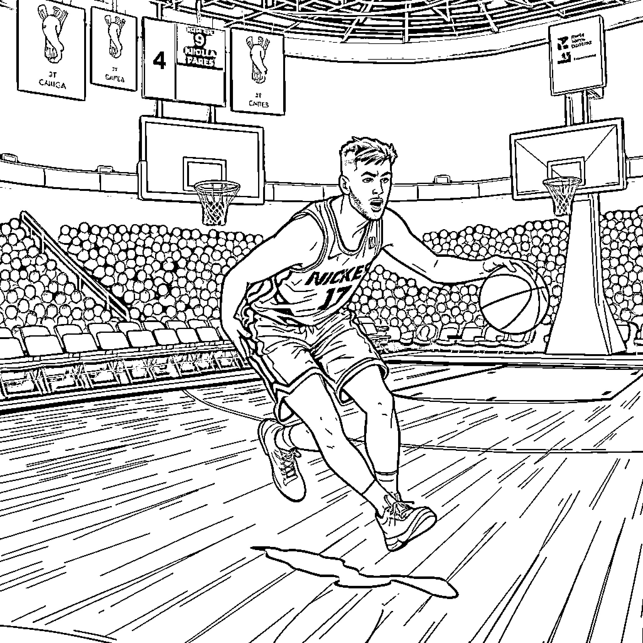 Nikola Jokic playing basketball in the arena Coloring Page (free black-and-white line drawing printable PDF for all, from beginners to advanced learners, including children, teens, adults, and seniors)