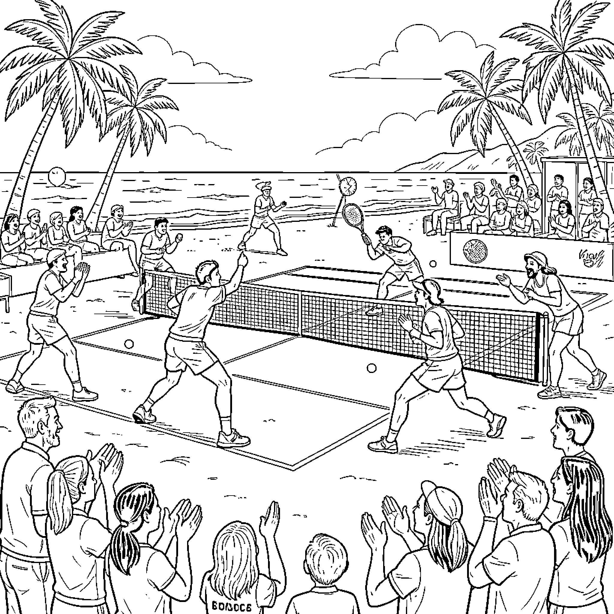 Tennis match being played on a tropical beach Coloring Page (free black-and-white line drawing printable PDF for all, from beginners to advanced learners, including children, teens, adults, and seniors)