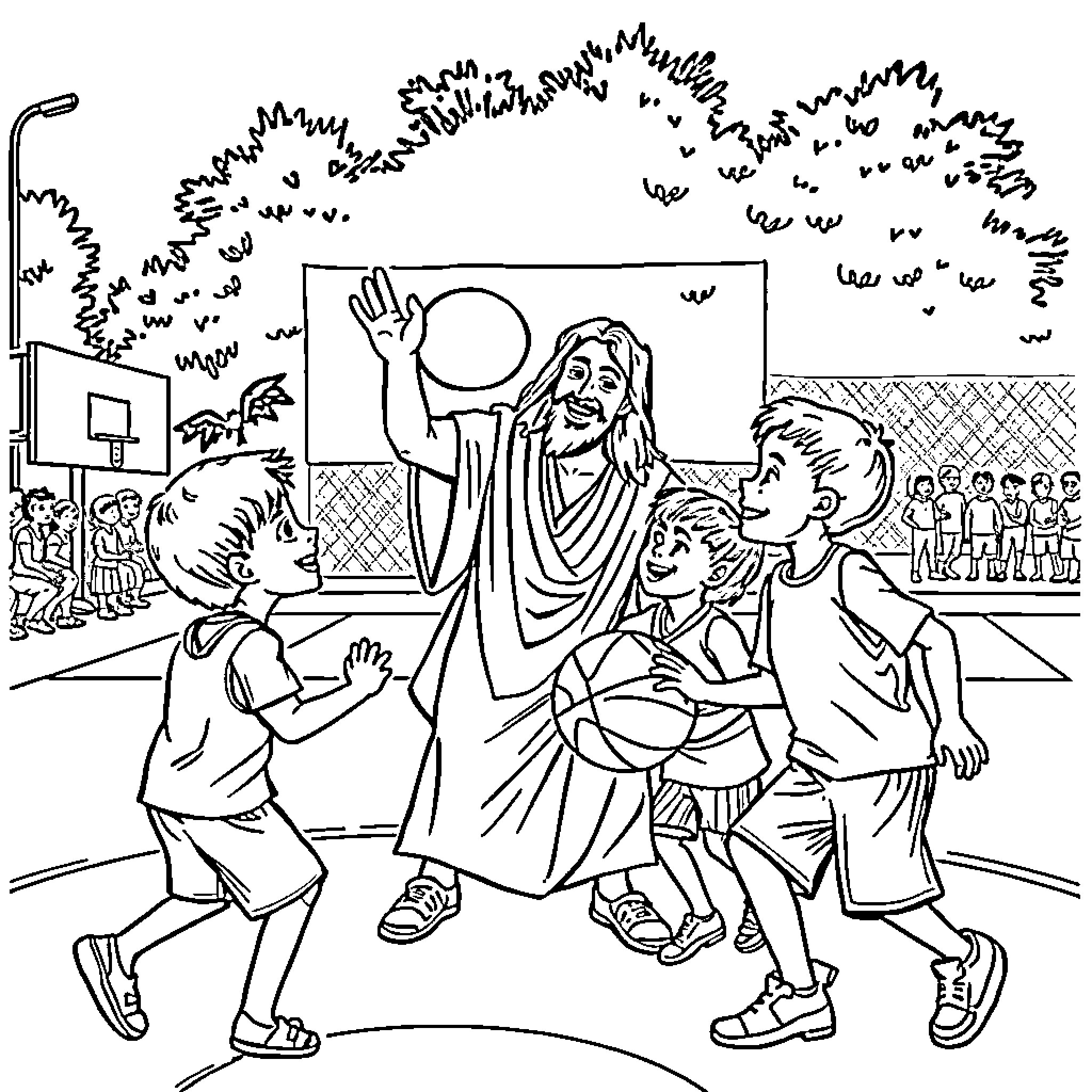 Jesus teaching and interacting with children in an outdoor setting Coloring Page (free black-and-white line drawing printable PDF for all, from beginners to advanced learners, including children, teens, adults, and seniors)