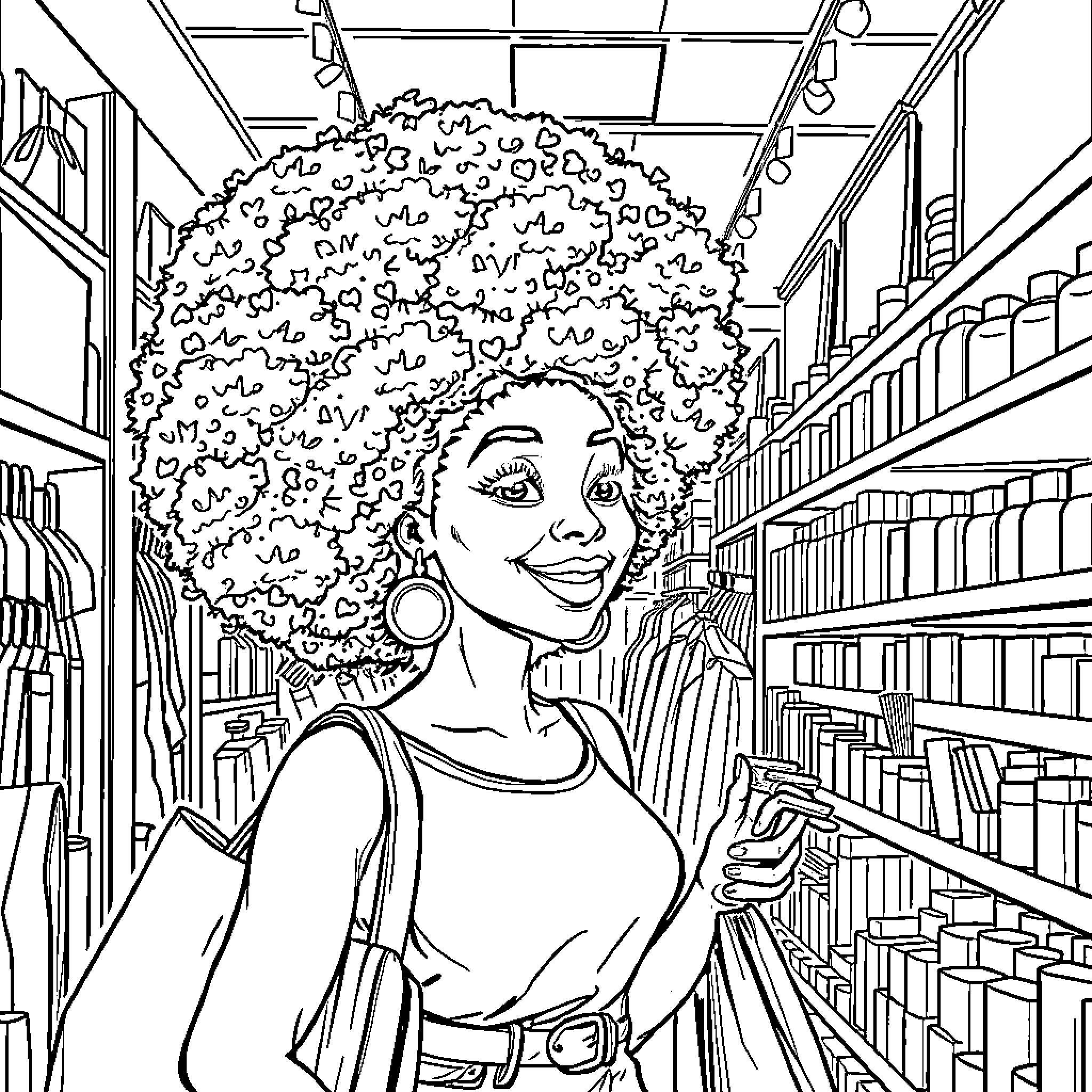 Woman browsing books in a library Coloring Page (free black-and-white line drawing printable PDF for all, from beginners to advanced learners, including children, teens, adults, and seniors)