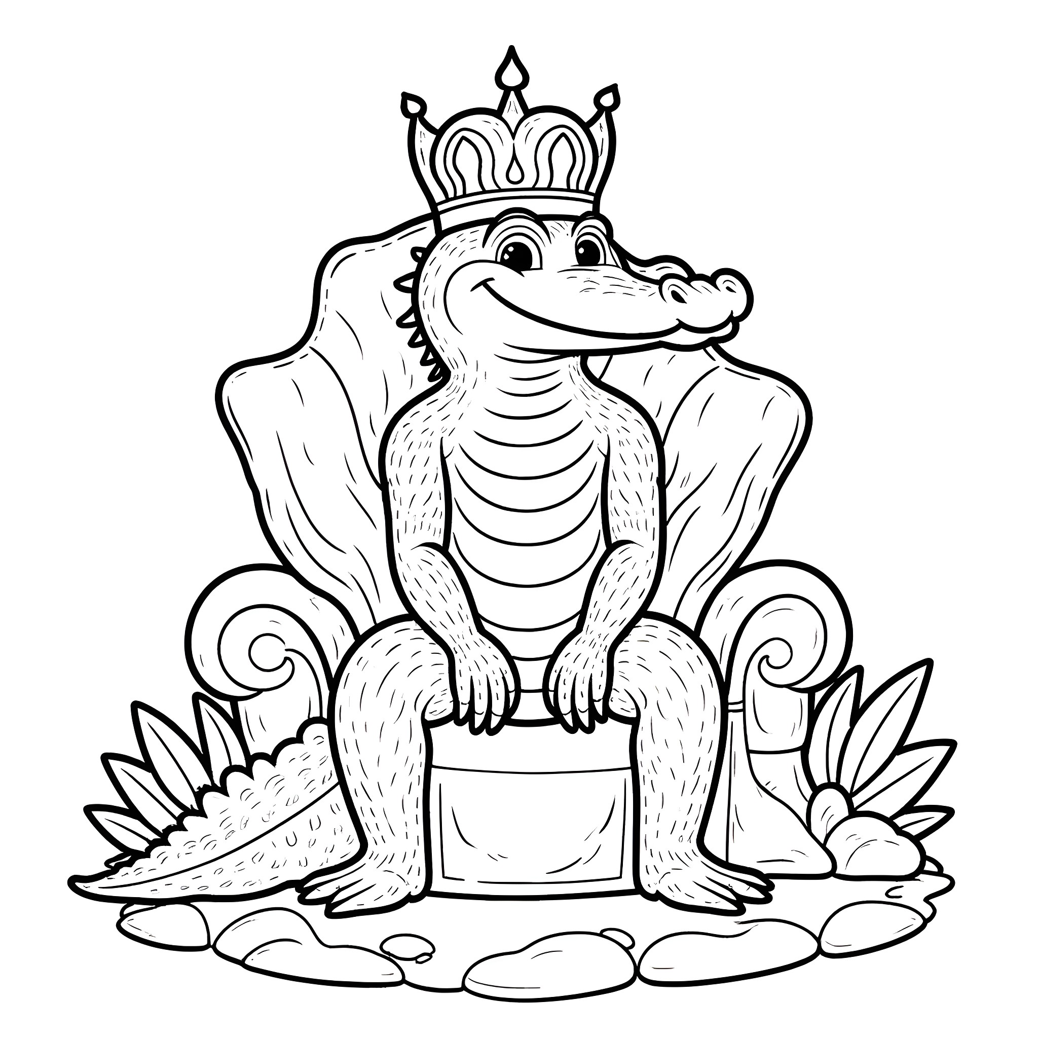 Crocodile in a crown sitting on a throne Coloring Page (free black-and-white line drawing printable PDF for all, from beginners to advanced learners, including children, teens, adults, and seniors)