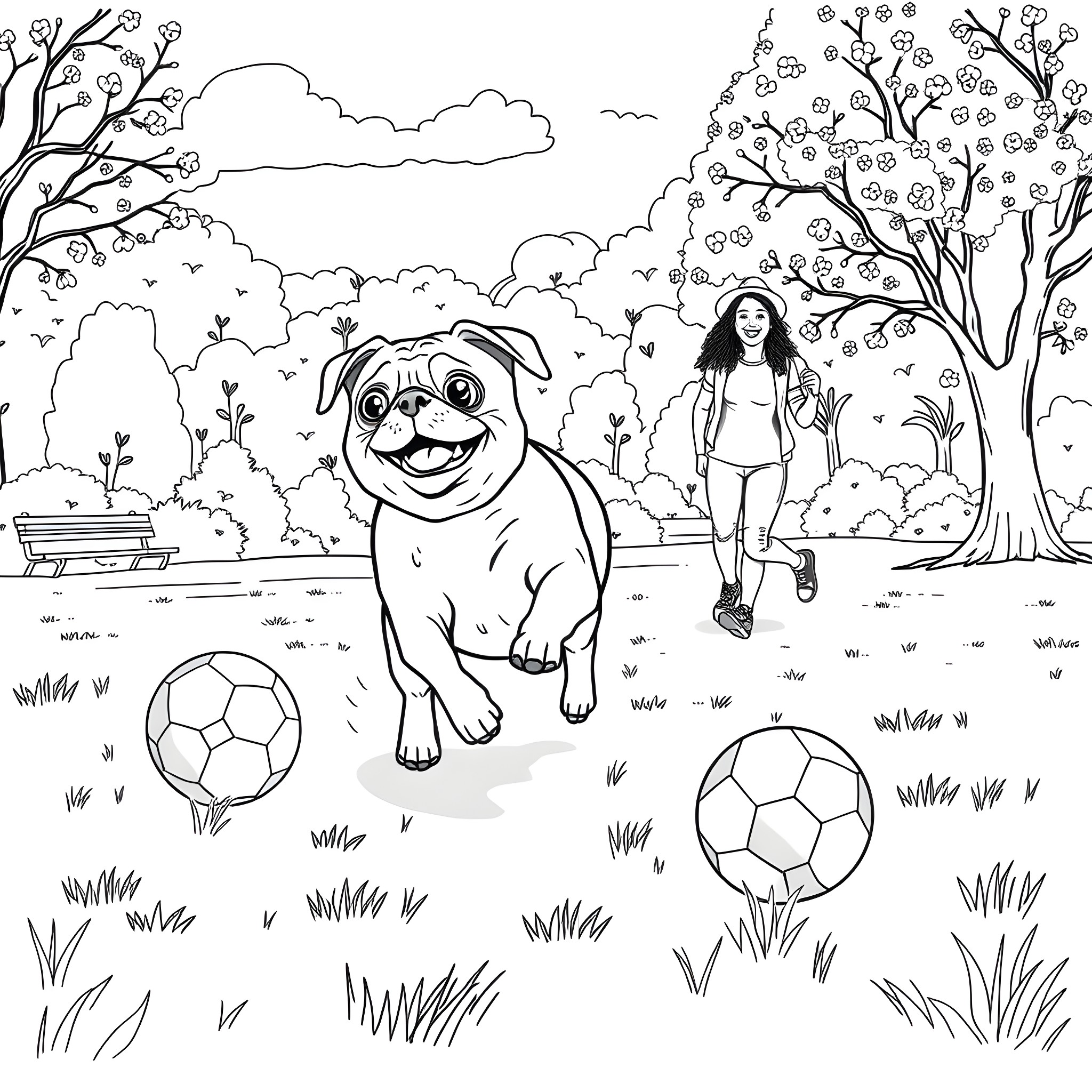 Pug playing in the park with a girl Coloring Page (free black-and-white line drawing printable PDF for all, from beginners to advanced learners, including children, teens, adults, and seniors)