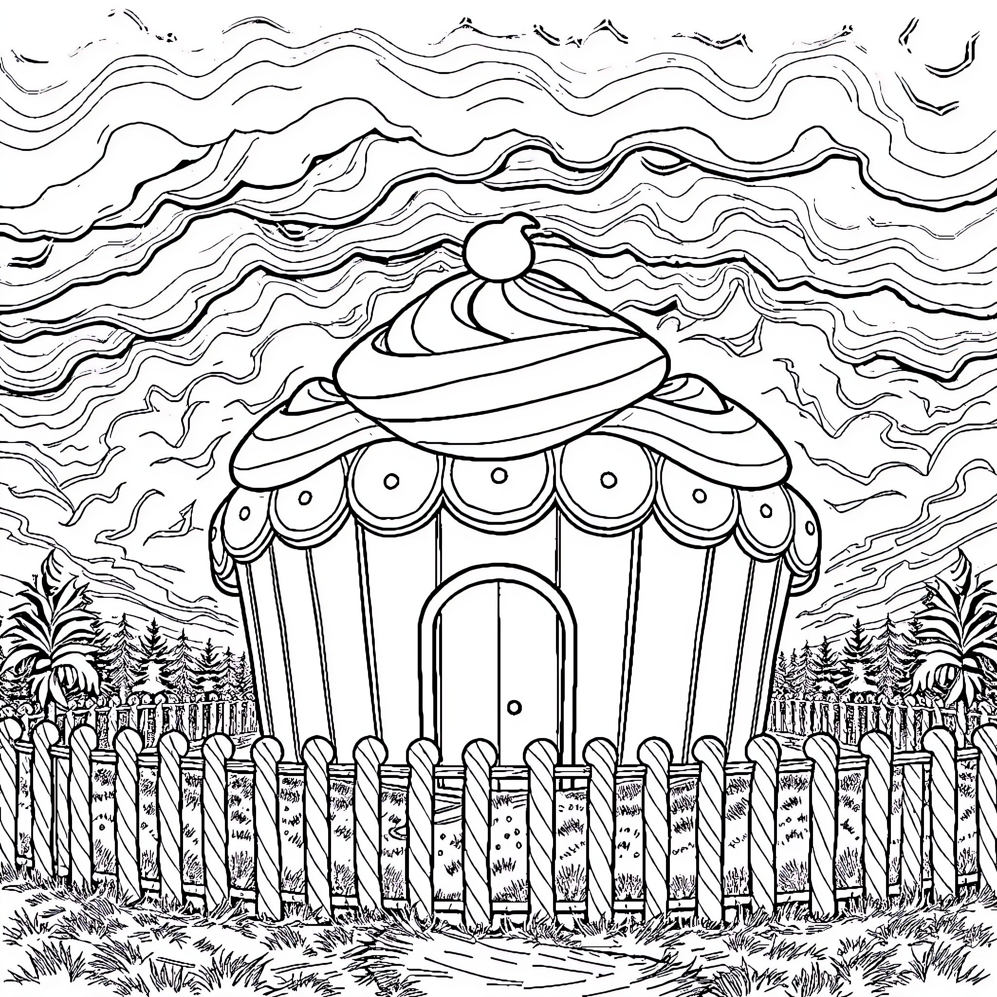 Cupcake Kiosk in Tranquil Landscape Coloring Page (free black-and-white line drawing printable PDF for all, from beginners to advanced learners, including children, teens, adults, and seniors)