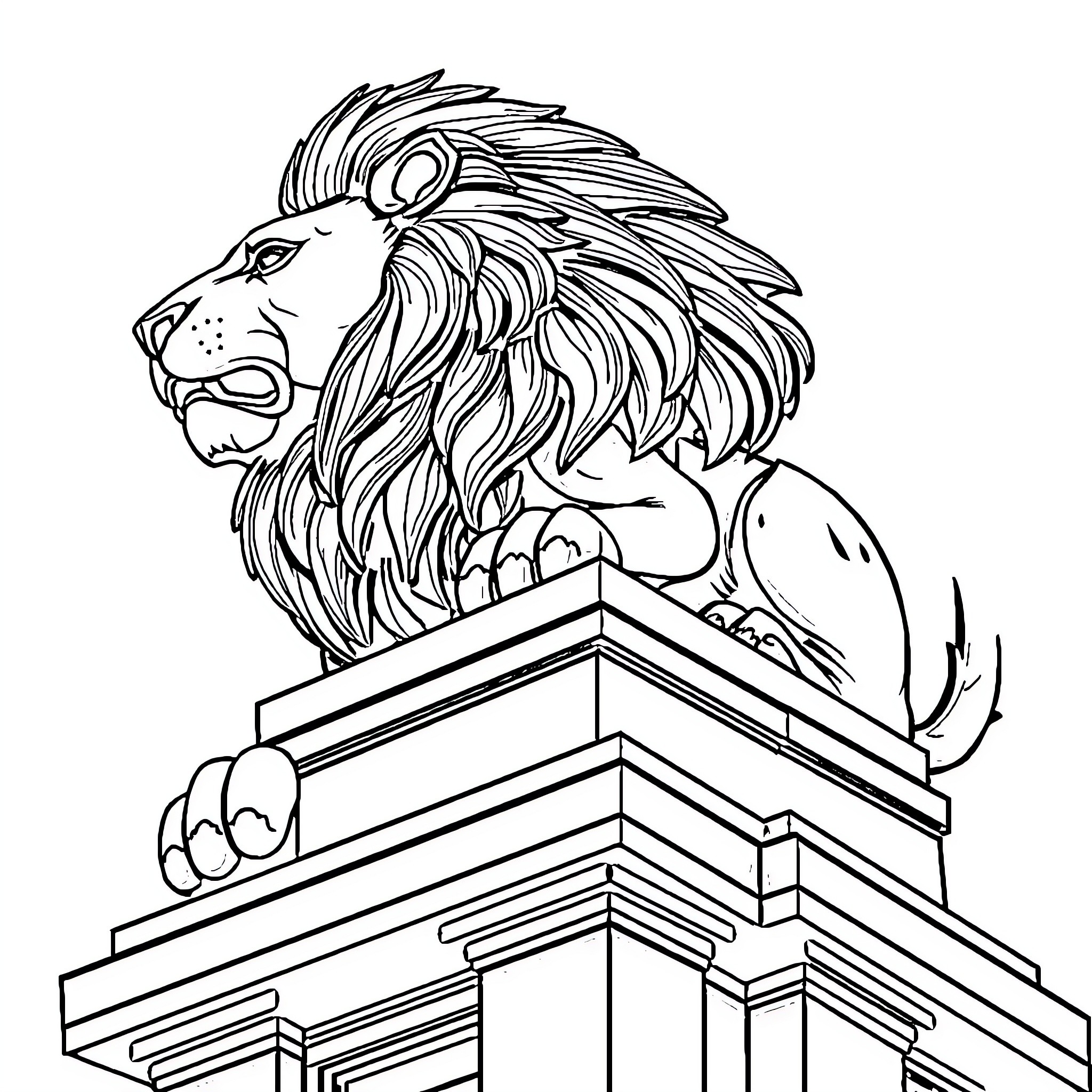 Lion Perched Atop a Geometric Structure Coloring Page (free black-and-white line drawing printable PDF for all, from beginners to advanced learners, including children, teens, adults, and seniors)