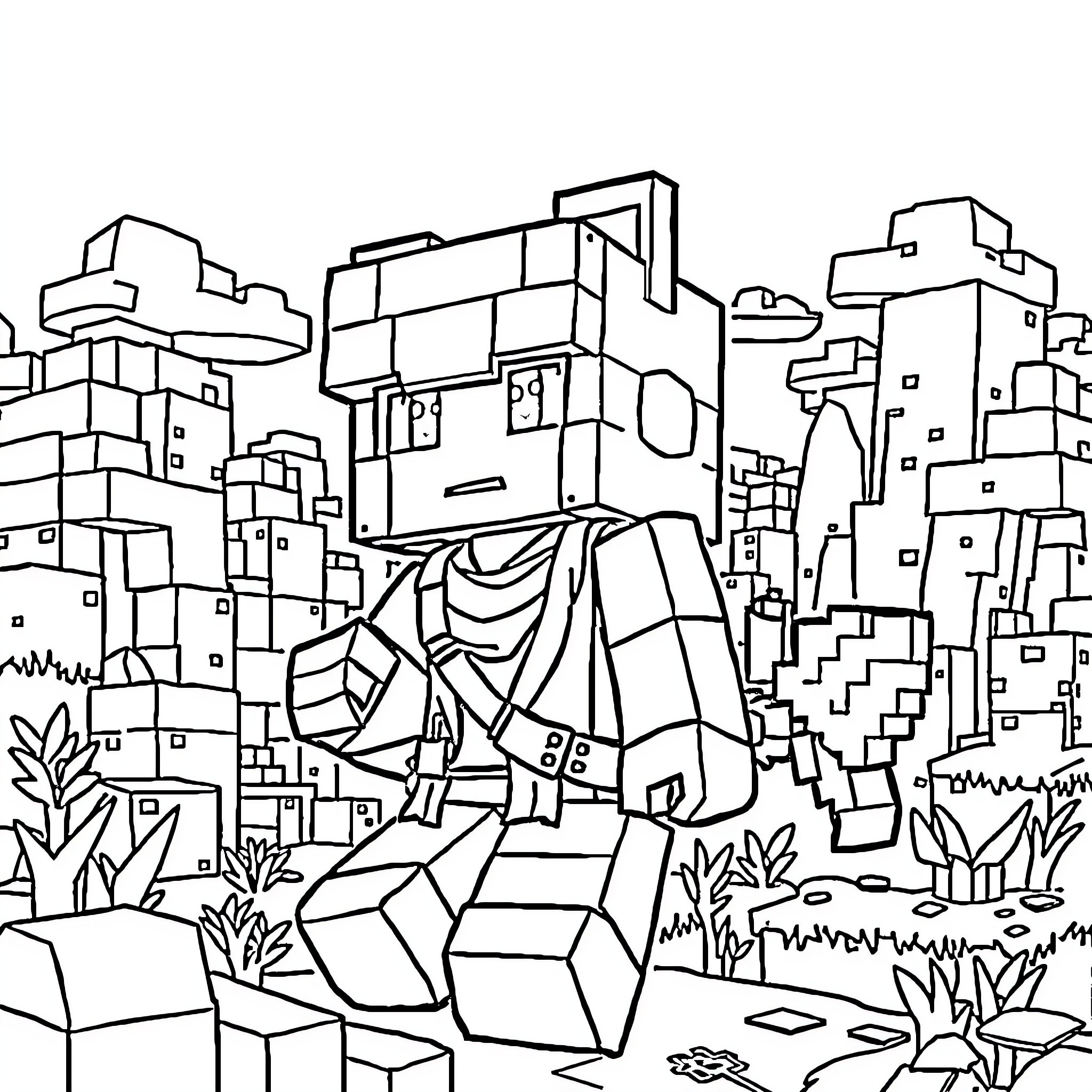 Aphamau's Geometric Adventure in the City Coloring Page (free black-and-white line drawing printable PDF for all, from beginners to advanced learners, including children, teens, adults, and seniors)