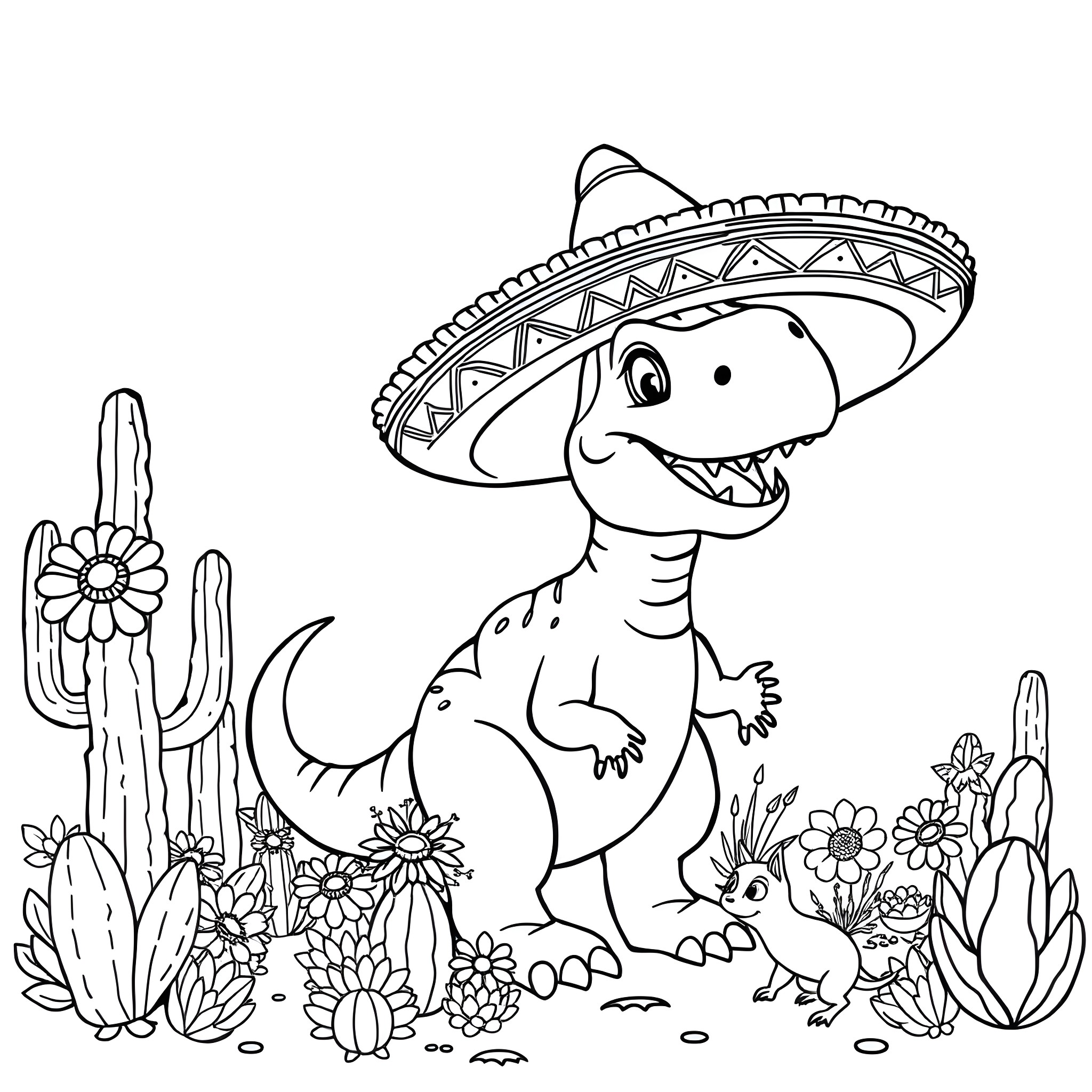 Dinosaur wearing sombrero in desert with cactus Coloring Page (free black-and-white line drawing printable PDF for all, from beginners to advanced learners, including children, teens, adults, and seniors)
