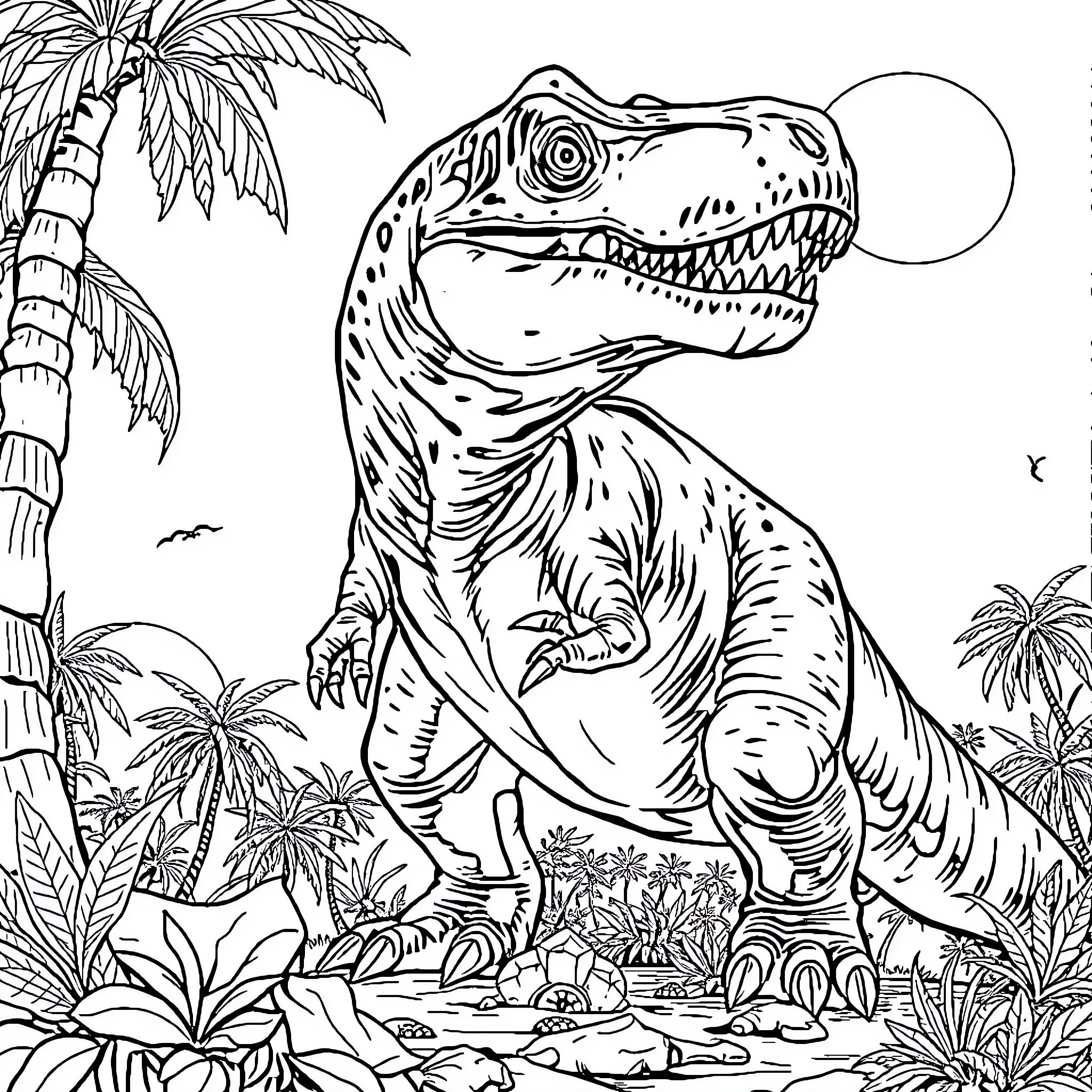 T-Rex Roaring Amidst Lush Tropical Landscape Coloring Page (free black-and-white line drawing printable PDF for all, from beginners to advanced learners, including children, teens, adults, and seniors)
