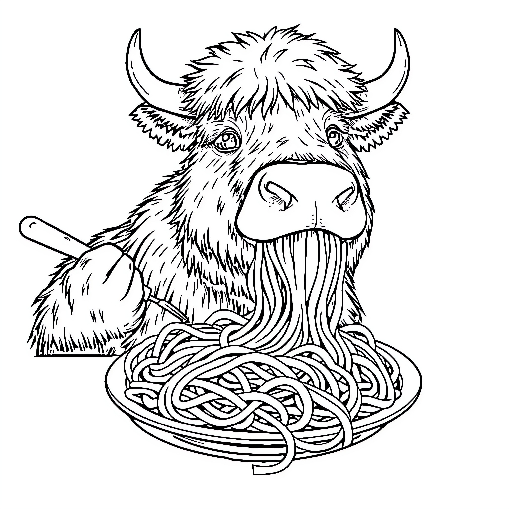 Yak enjoying a hearty plate of spaghetti Coloring Page (free black-and-white line drawing printable PDF for all, from beginners to advanced learners, including children, teens, adults, and seniors)