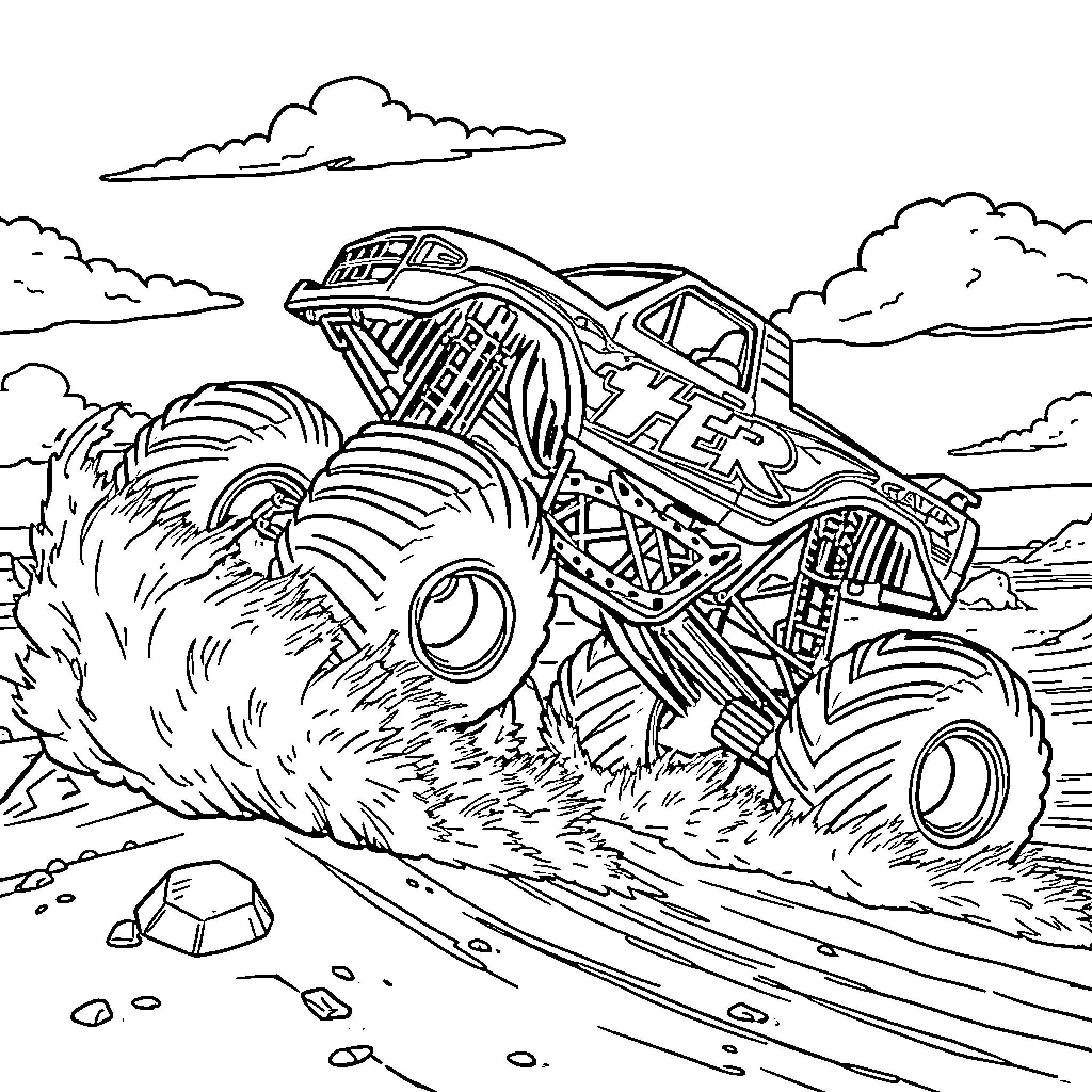 Monster Truck Crushing Rocks and Dirt in Rugged Terrain Coloring Page (free black-and-white line drawing printable PDF for all, from beginners to advanced learners, including children, teens, adults, and seniors)