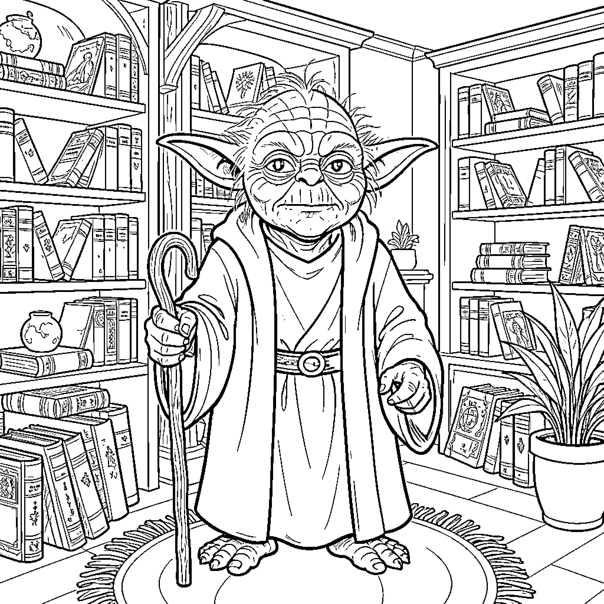 Yoda standing with a cane in a library Coloring Page (free black-and-white line drawing printable PDF for all, from beginners to advanced learners, including children, teens, adults, and seniors)