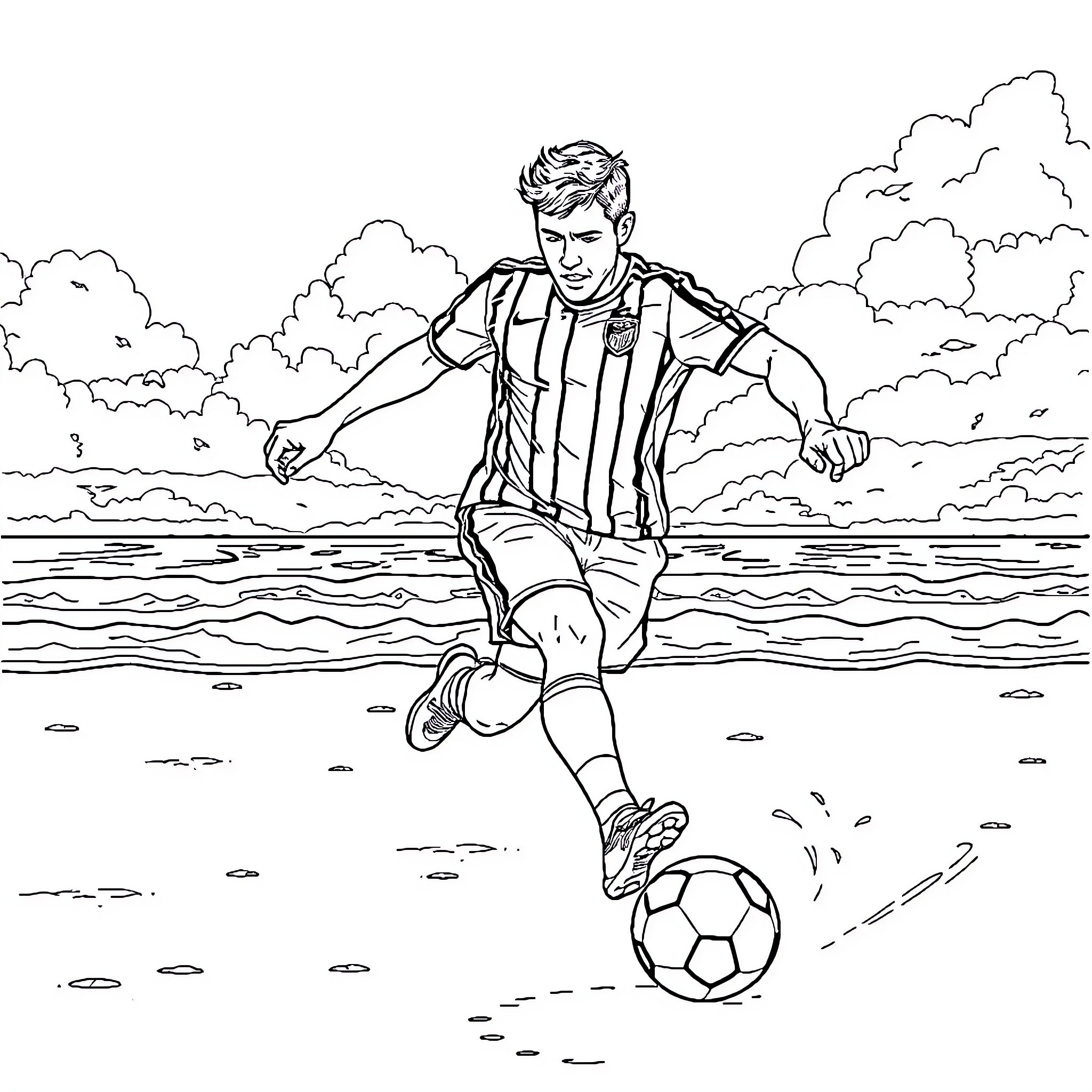Benito Juárez playing soccer by the shore Coloring Page (free black-and-white line drawing printable PDF for all, from beginners to advanced learners, including children, teens, adults, and seniors)