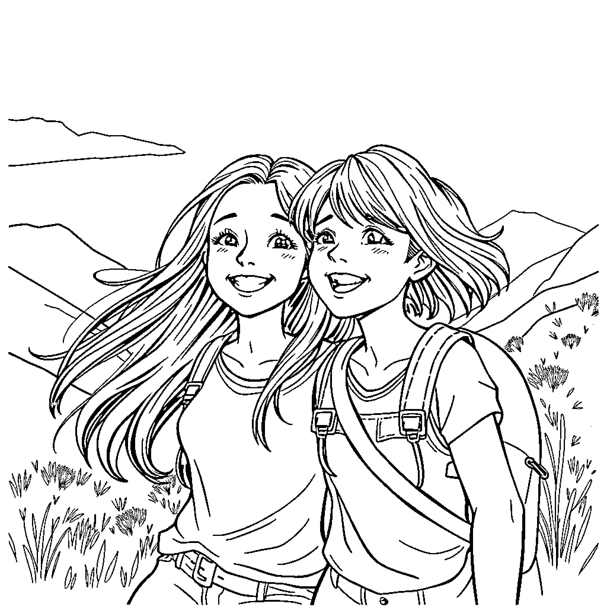 Sisters enjoying a hike in the countryside Coloring Page (free black-and-white line drawing printable PDF for all, from beginners to advanced learners, including children, teens, adults, and seniors)