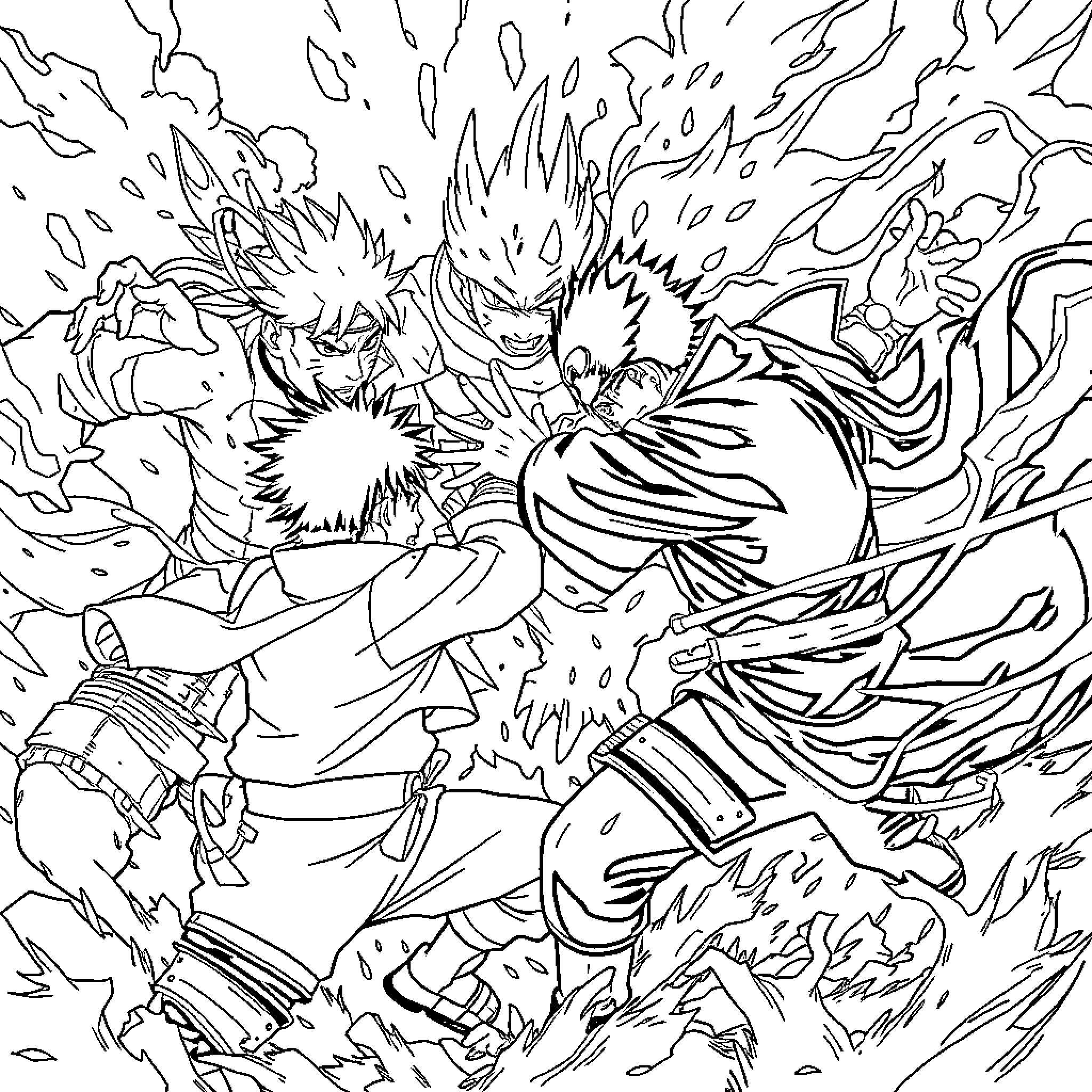 Naruto characters in intense battle scene Coloring Page (free black-and-white line drawing printable PDF for all, from beginners to advanced learners, including children, teens, adults, and seniors)