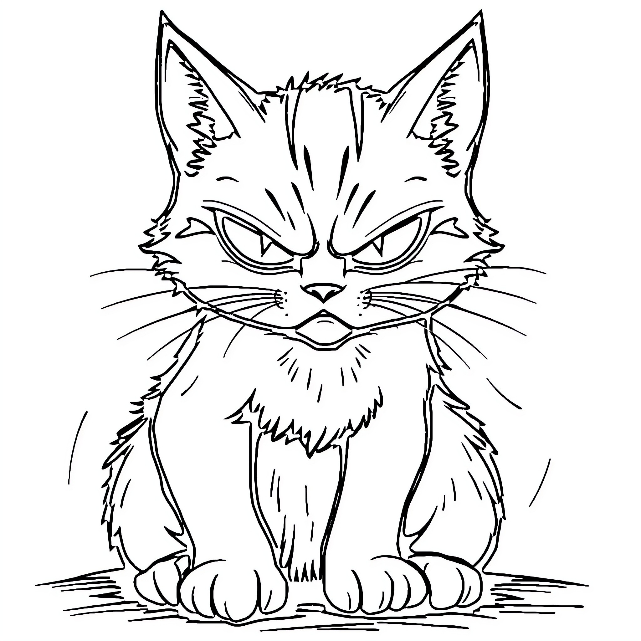 Cat with angry expression Coloring Page (free black-and-white line drawing printable PDF for all, from beginners to advanced learners, including children, teens, adults, and seniors)