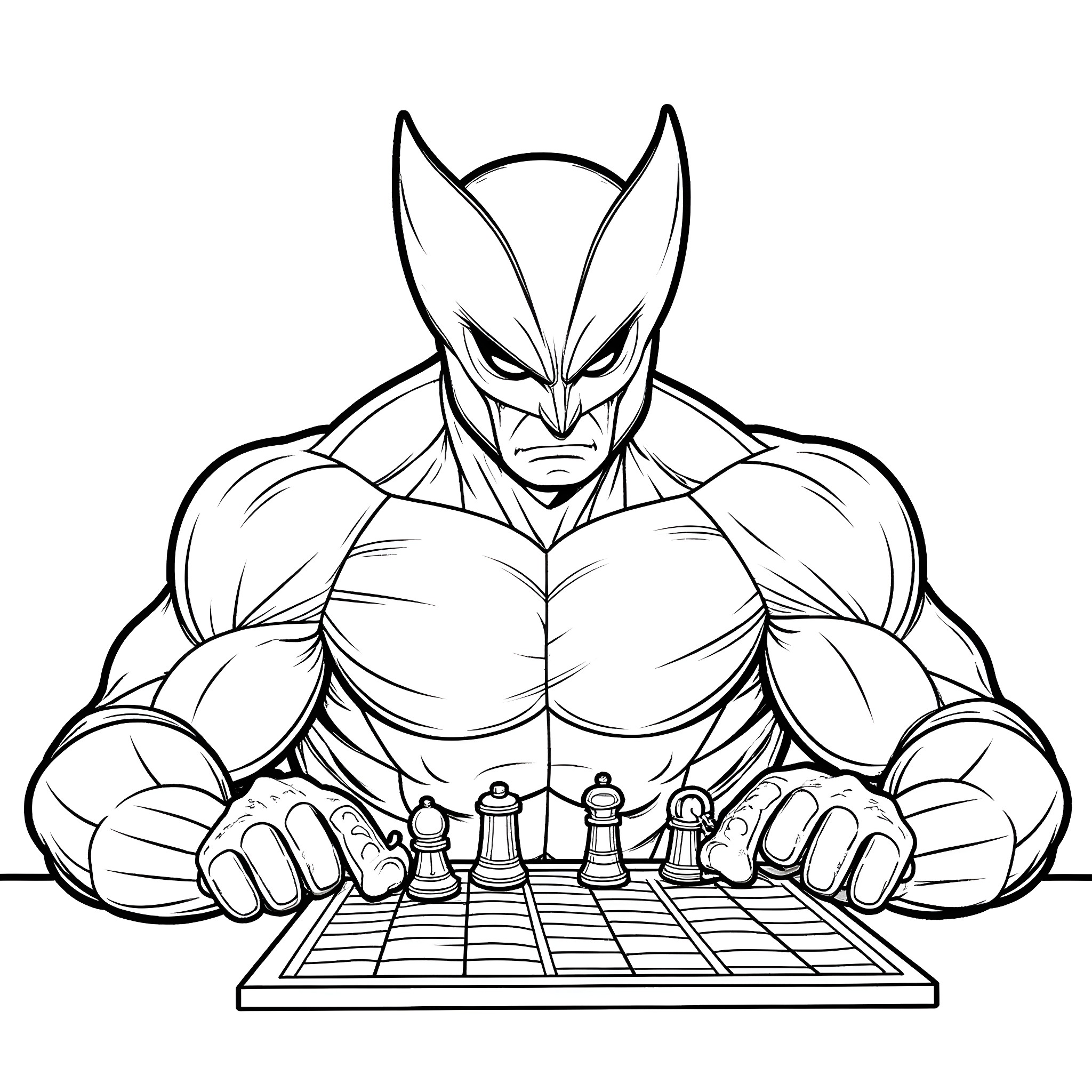 Wolverine Playing Strategic Chess Game Coloring Page (free black-and-white line drawing printable PDF for all, from beginners to advanced learners, including children, teens, adults, and seniors)