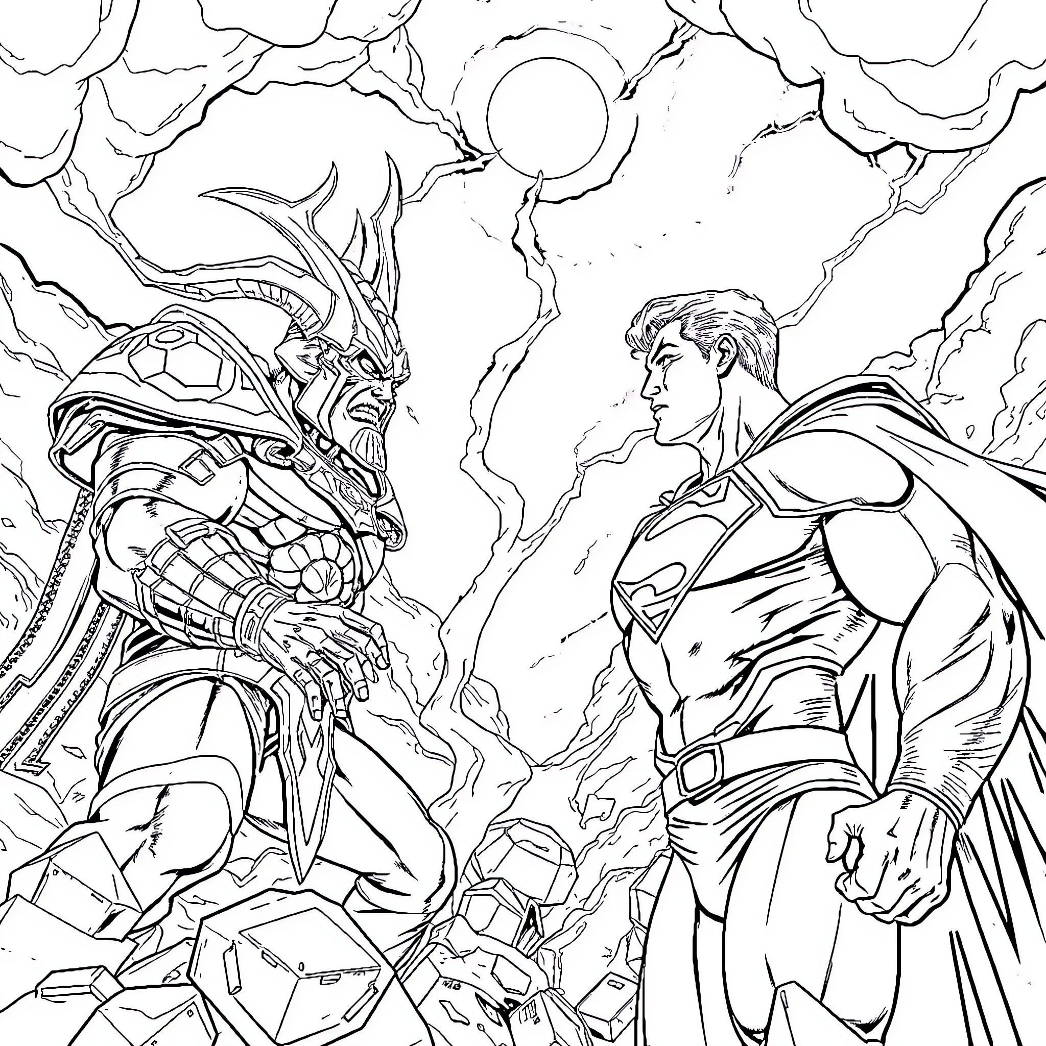 Grand Regent Thragg Confronts the Heroic Warrior Coloring Page (free black-and-white line drawing printable PDF for all, from beginners to advanced learners, including children, teens, adults, and seniors)