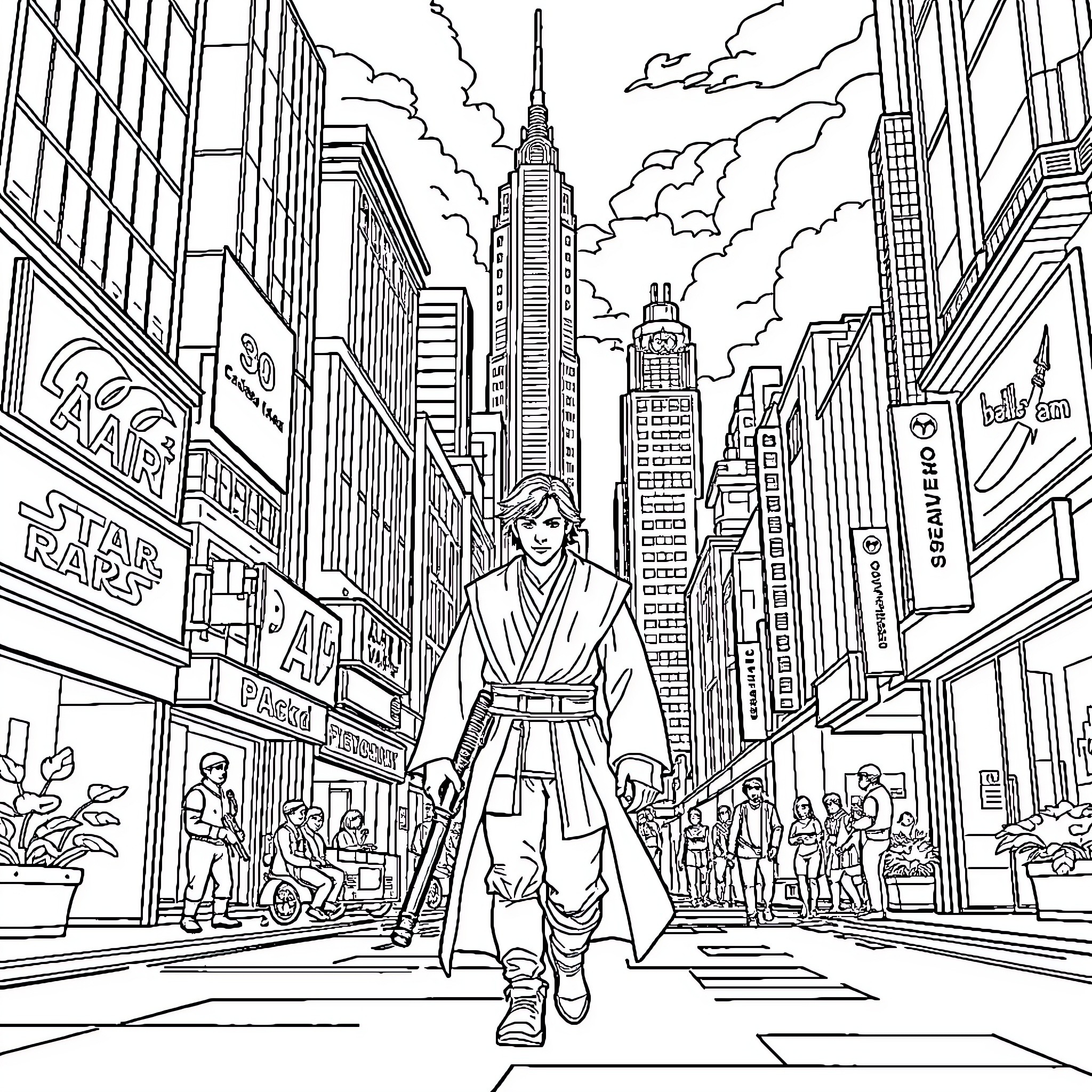 Anakin Skywalker's Journey Through the City Streets Coloring Page (free black-and-white line drawing printable PDF for all, from beginners to advanced learners, including children, teens, adults, and seniors)