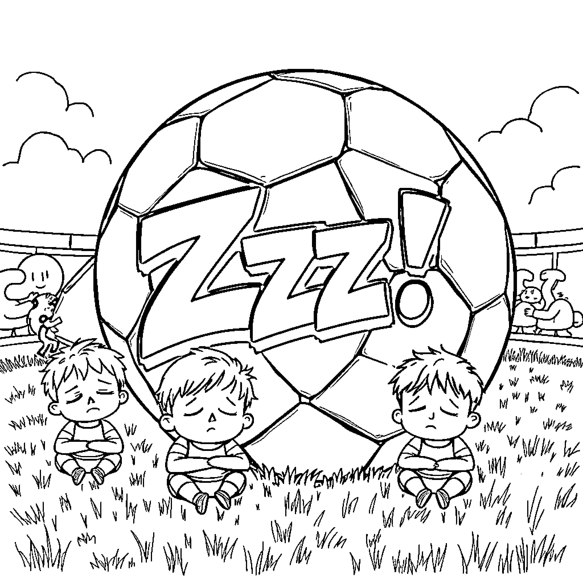 Football players resting on the field after a game Coloring Page (free black-and-white line drawing printable PDF for all, from beginners to advanced learners, including children, teens, adults, and seniors)