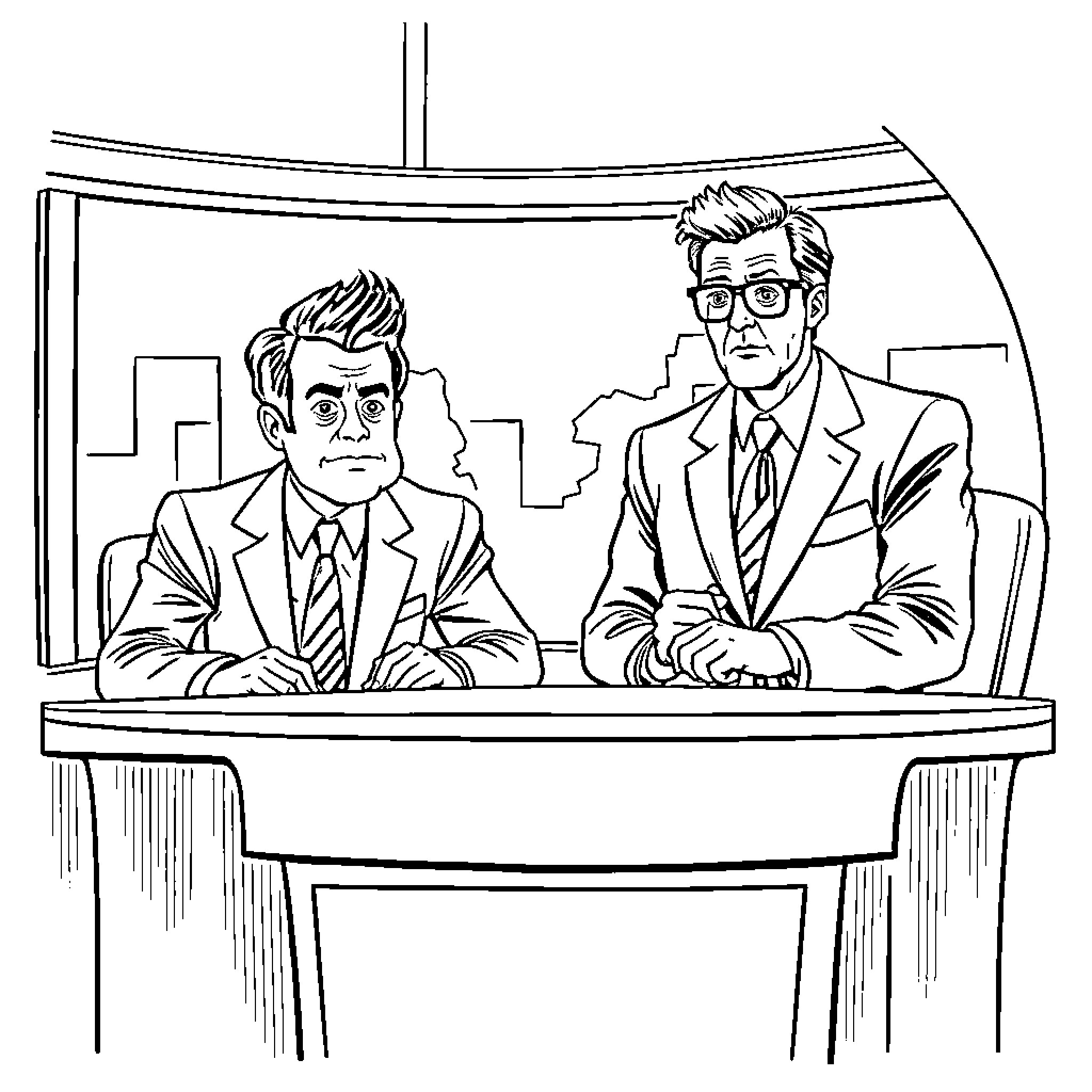 Michael Myers in Serious Discussion with Colleague Coloring Page (free black-and-white line drawing printable PDF for all, from beginners to advanced learners, including children, teens, adults, and seniors)