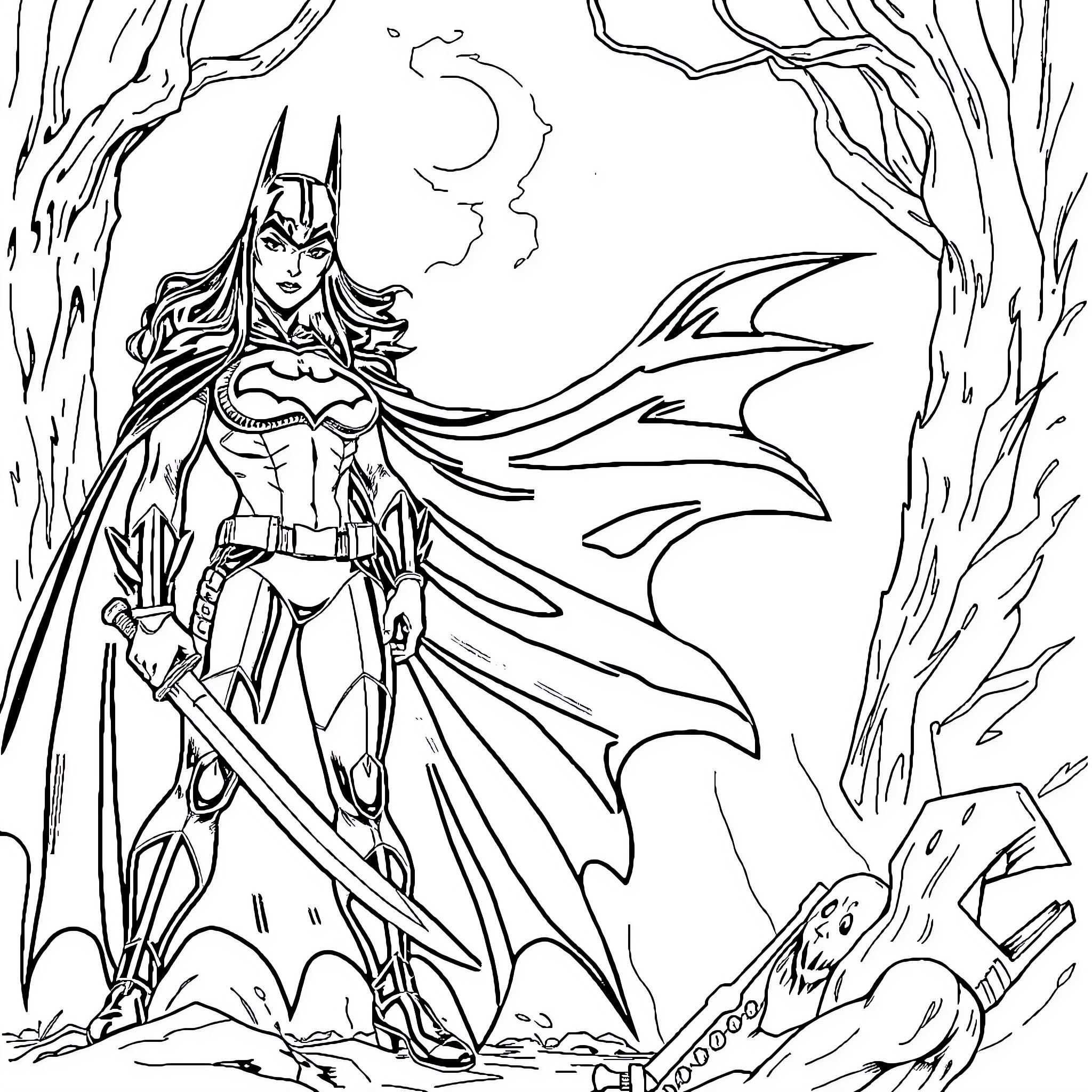 Xena the Warrior Princess in Action Pose Coloring Page (free black-and-white line drawing printable PDF for all, from beginners to advanced learners, including children, teens, adults, and seniors)