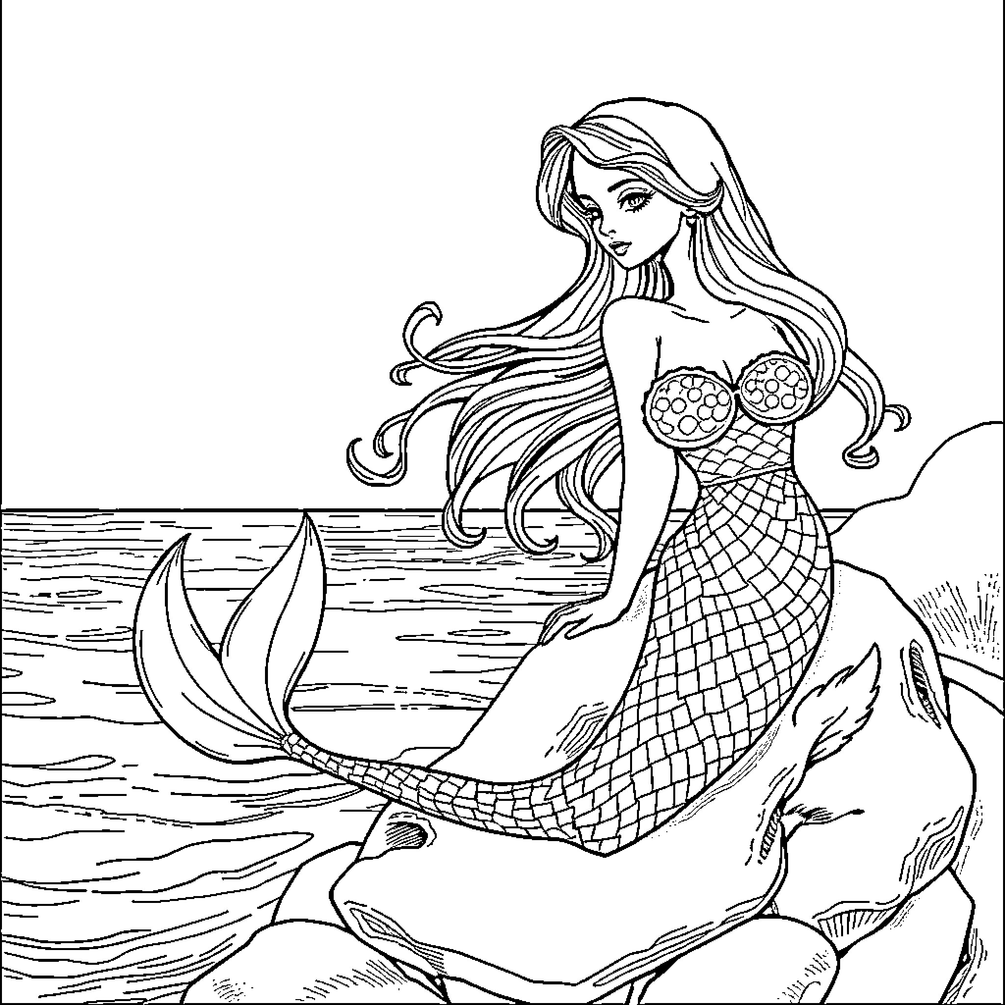 Mermaid swimming gracefully in the ocean Coloring Page (free black-and-white line drawing printable PDF for all, from beginners to advanced learners, including children, teens, adults, and seniors)