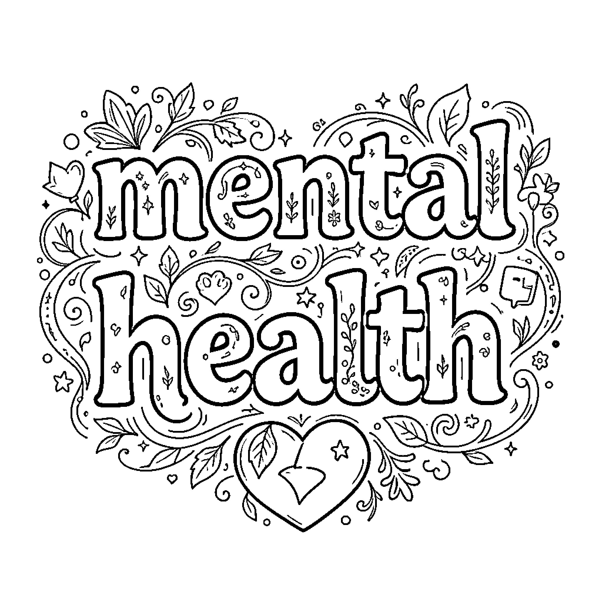 Mental Health written in decorative heart-shaped floral patterns Coloring Page (free black-and-white line drawing printable PDF for all, from beginners to advanced learners, including children, teens, adults, and seniors)