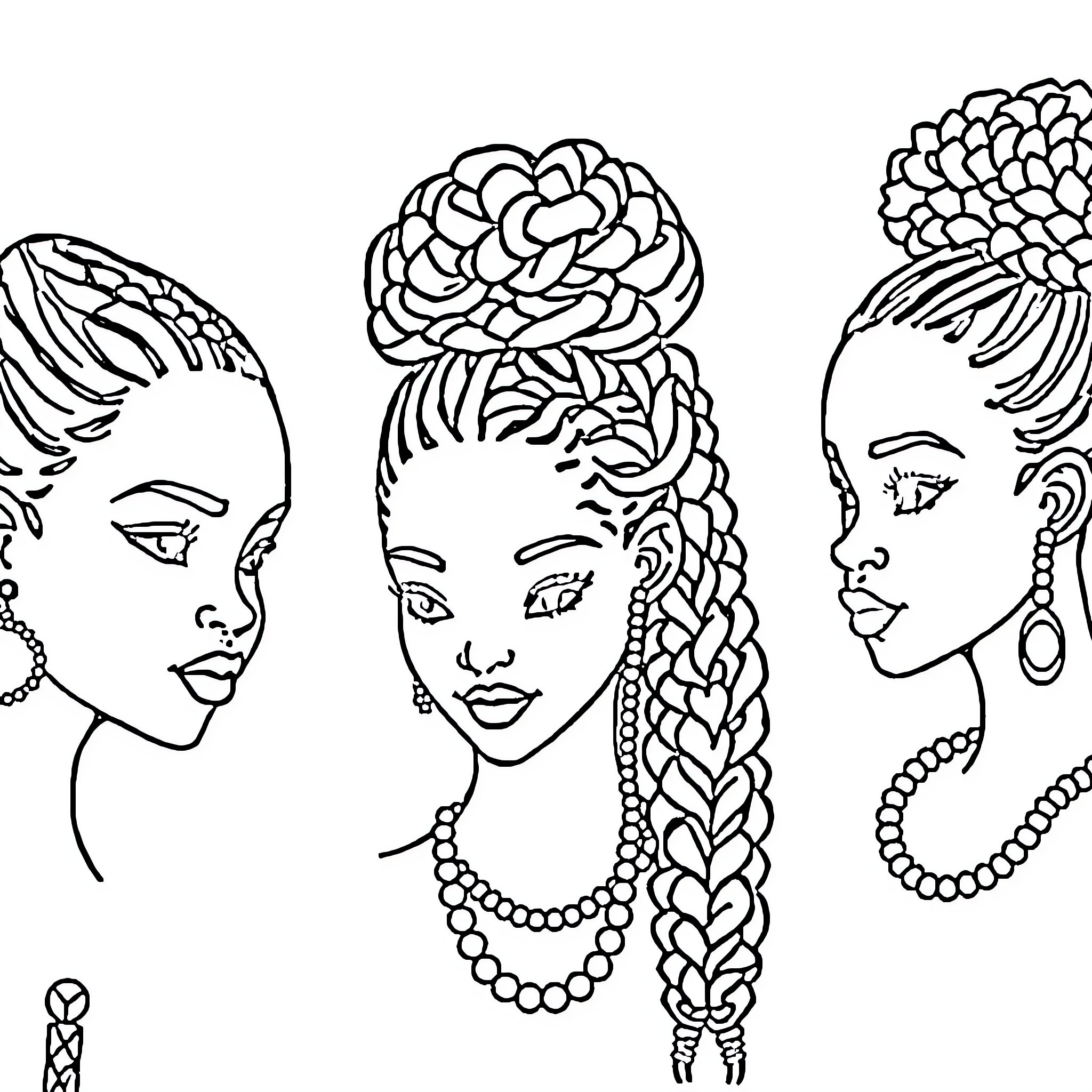 Girls with intricate hairstyles and accessories Coloring Page (free black-and-white line drawing printable PDF for all, from beginners to advanced learners, including children, teens, adults, and seniors)
