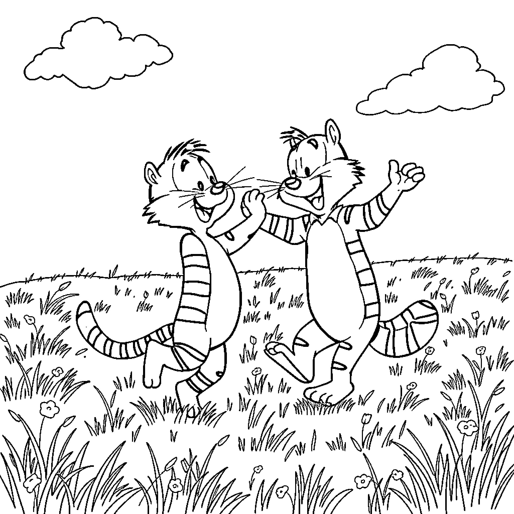 Calvin and Hobbes running and playing in the field Coloring Page (free black-and-white line drawing printable PDF for all, from beginners to advanced learners, including children, teens, adults, and seniors)