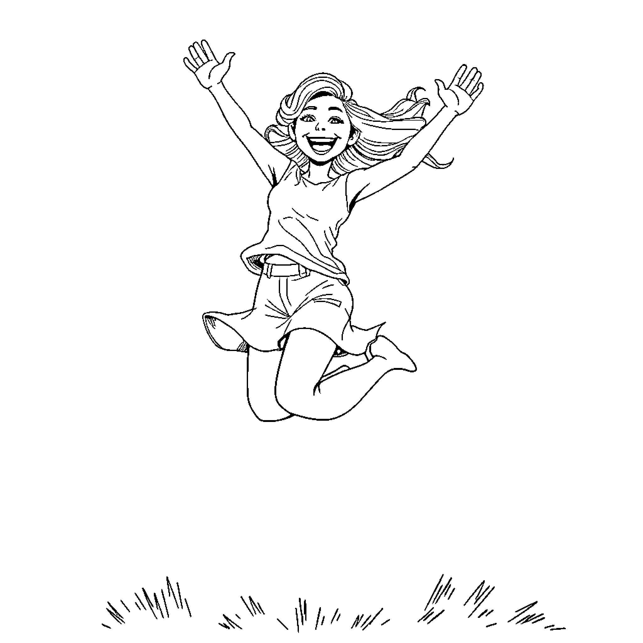 Jennifer White celebrates joyfully in the air Coloring Page (free black-and-white line drawing printable PDF for all, from beginners to advanced learners, including children, teens, adults, and seniors)