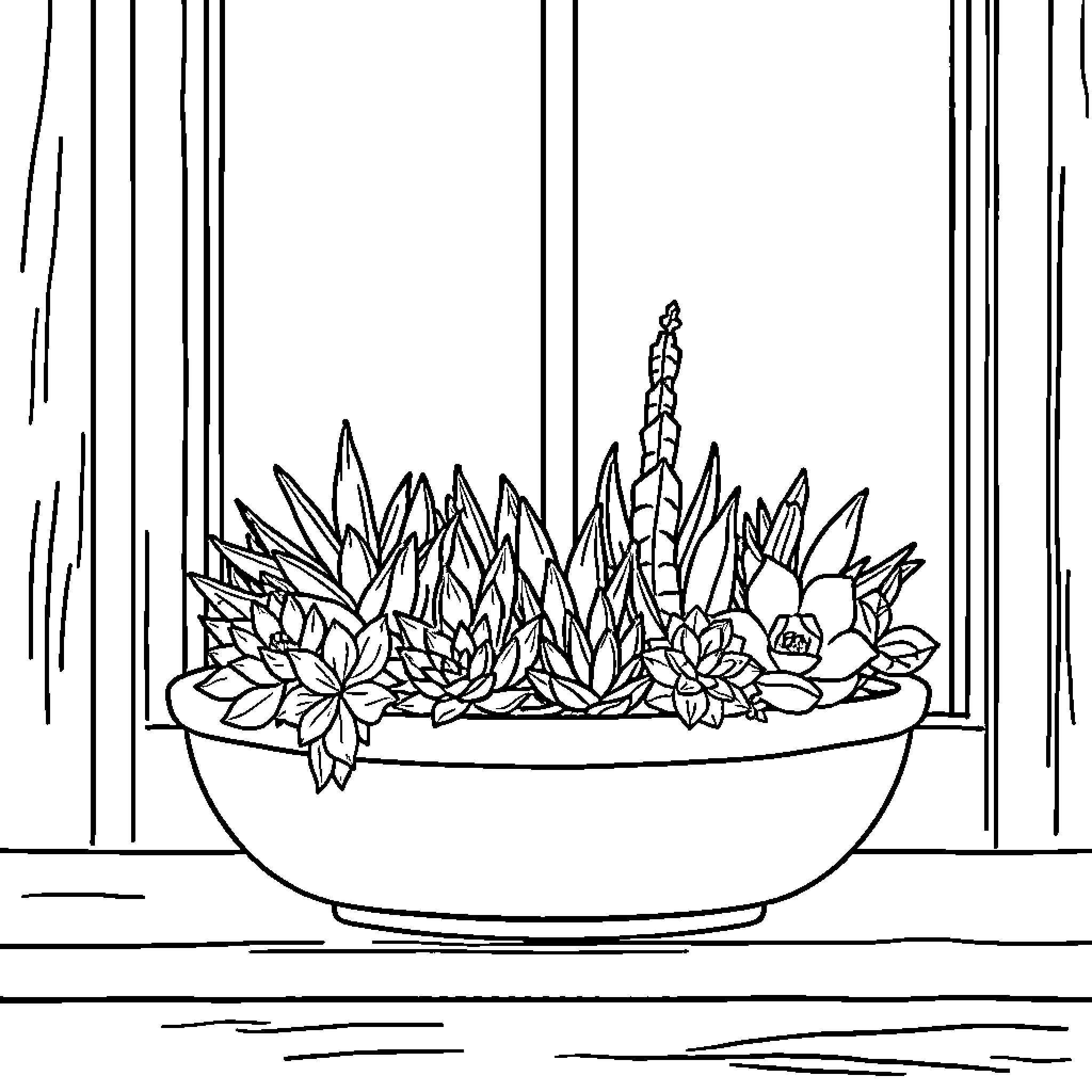 Succulent plants in a decorative planter Coloring Page (free black-and-white line drawing printable PDF for all, from beginners to advanced learners, including children, teens, adults, and seniors)