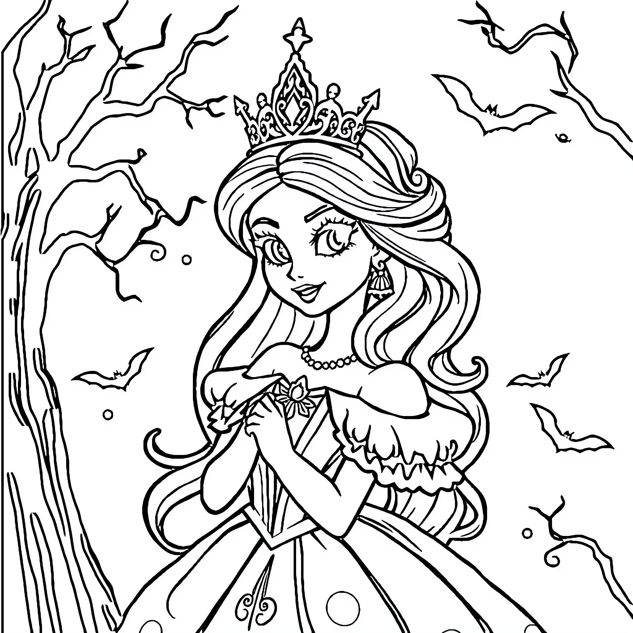 Princess in Spooky Forest with Bats Coloring Page (free black-and-white line drawing printable PDF for all, from beginners to advanced learners, including children, teens, adults, and seniors)