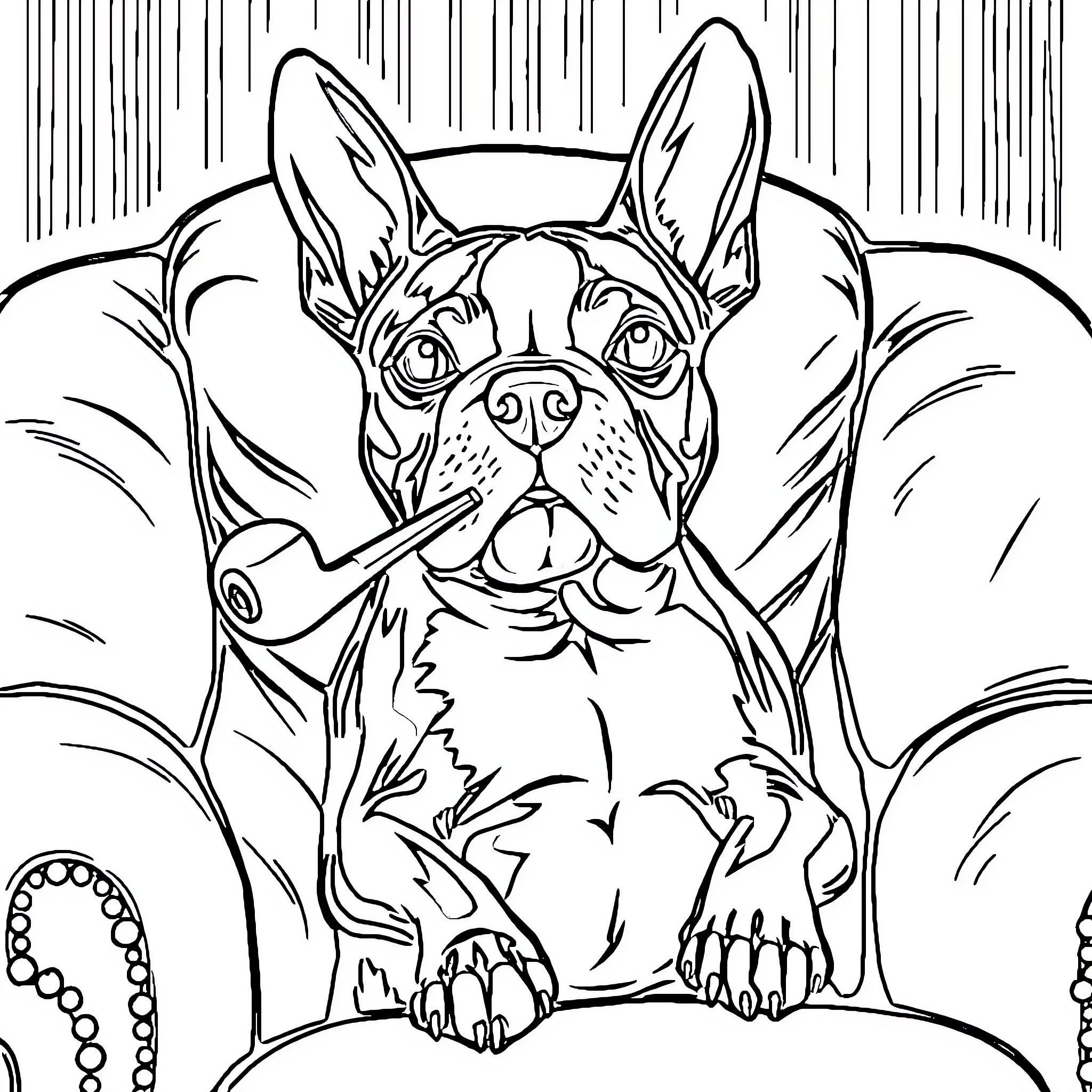 Boston Terrier sitting on couch with big eyes Coloring Page (free black-and-white line drawing printable PDF for all, from beginners to advanced learners, including children, teens, adults, and seniors)