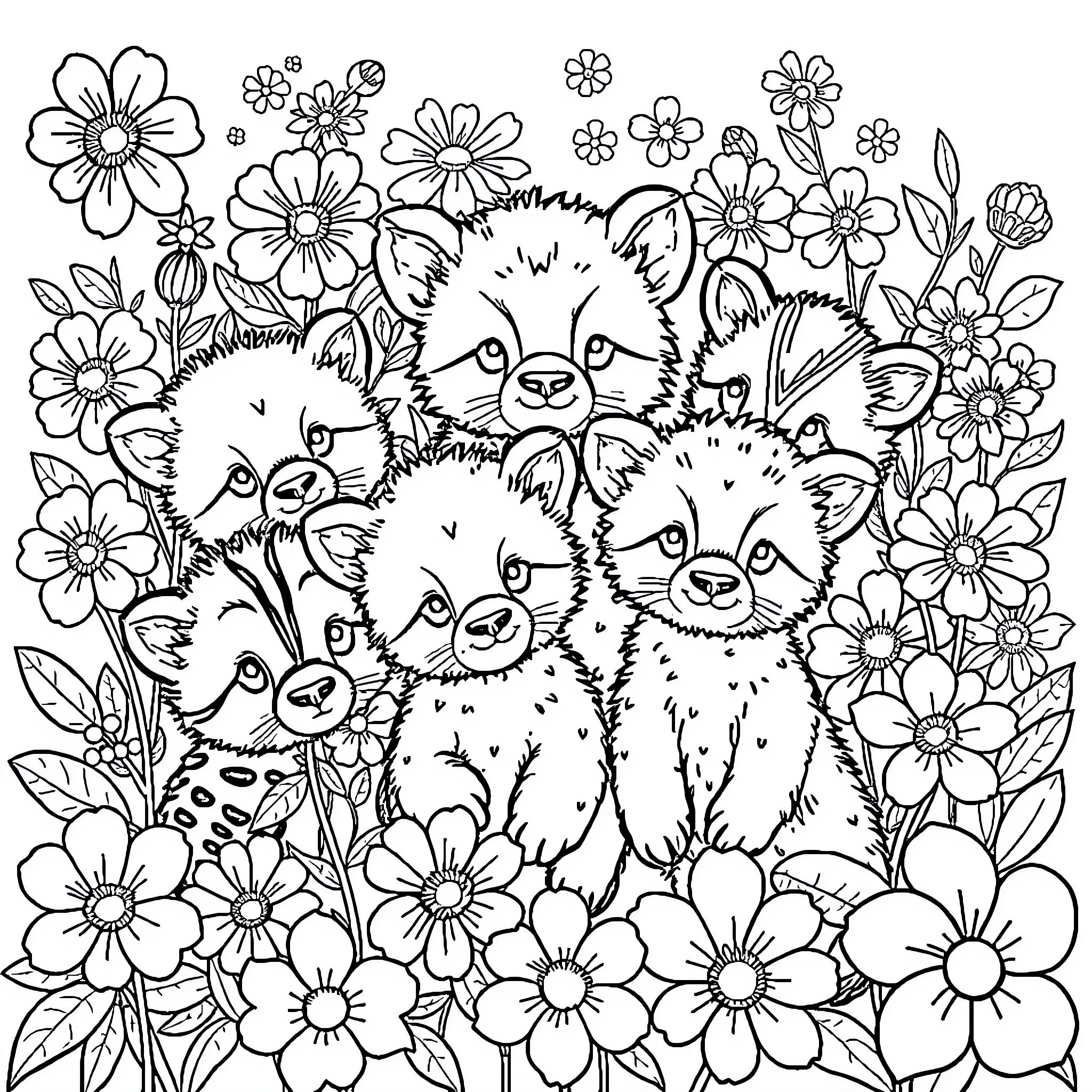 Animal Playful Raccoons Surrounded by Flowers Coloring Page (free black-and-white line drawing printable PDF for all, from beginners to advanced learners, including children, teens, adults, and seniors)